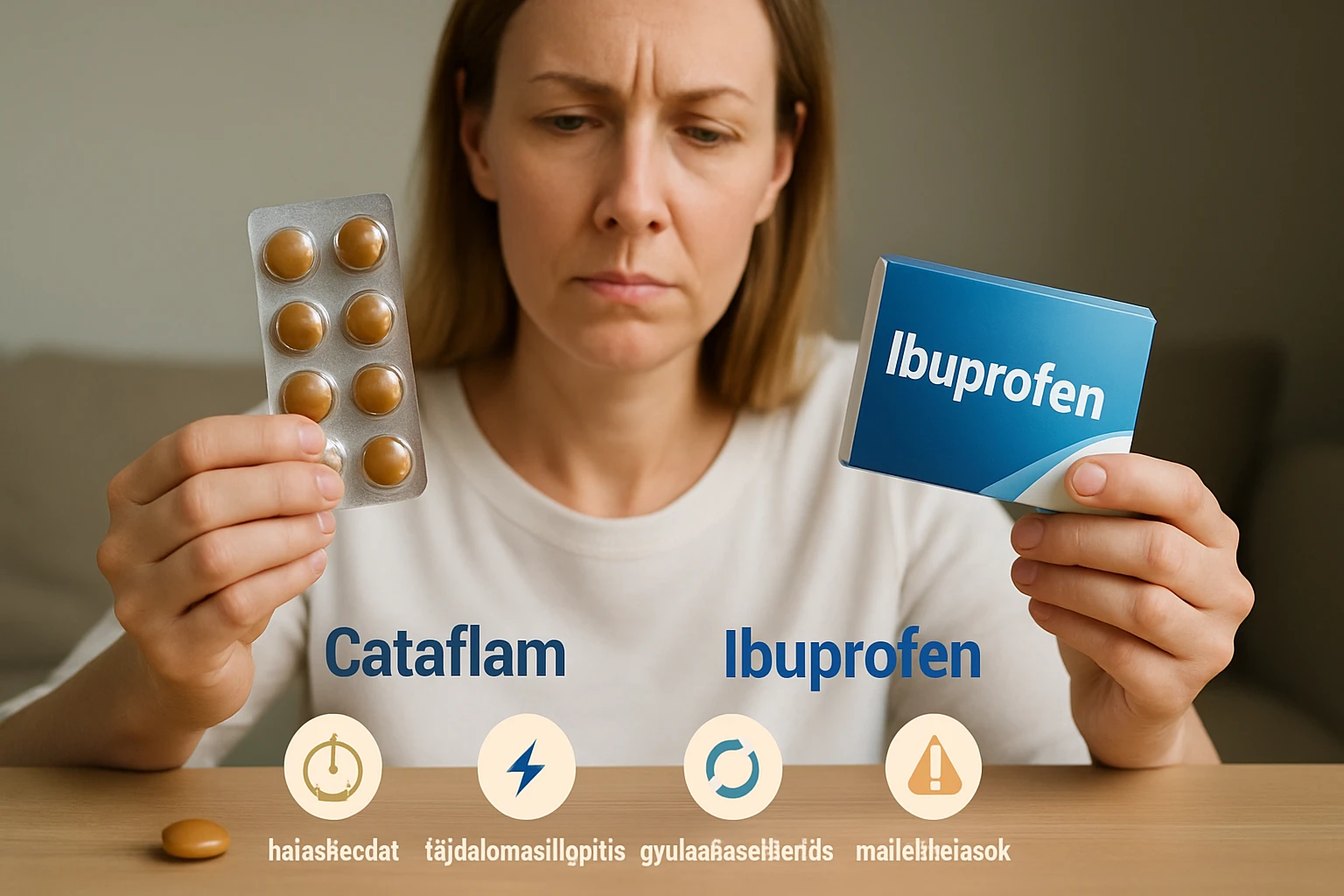 Egy nő, aki Cataflam és Ibuprofen gyógyszereket tart a kezében, gondolkodva néz rájuk.