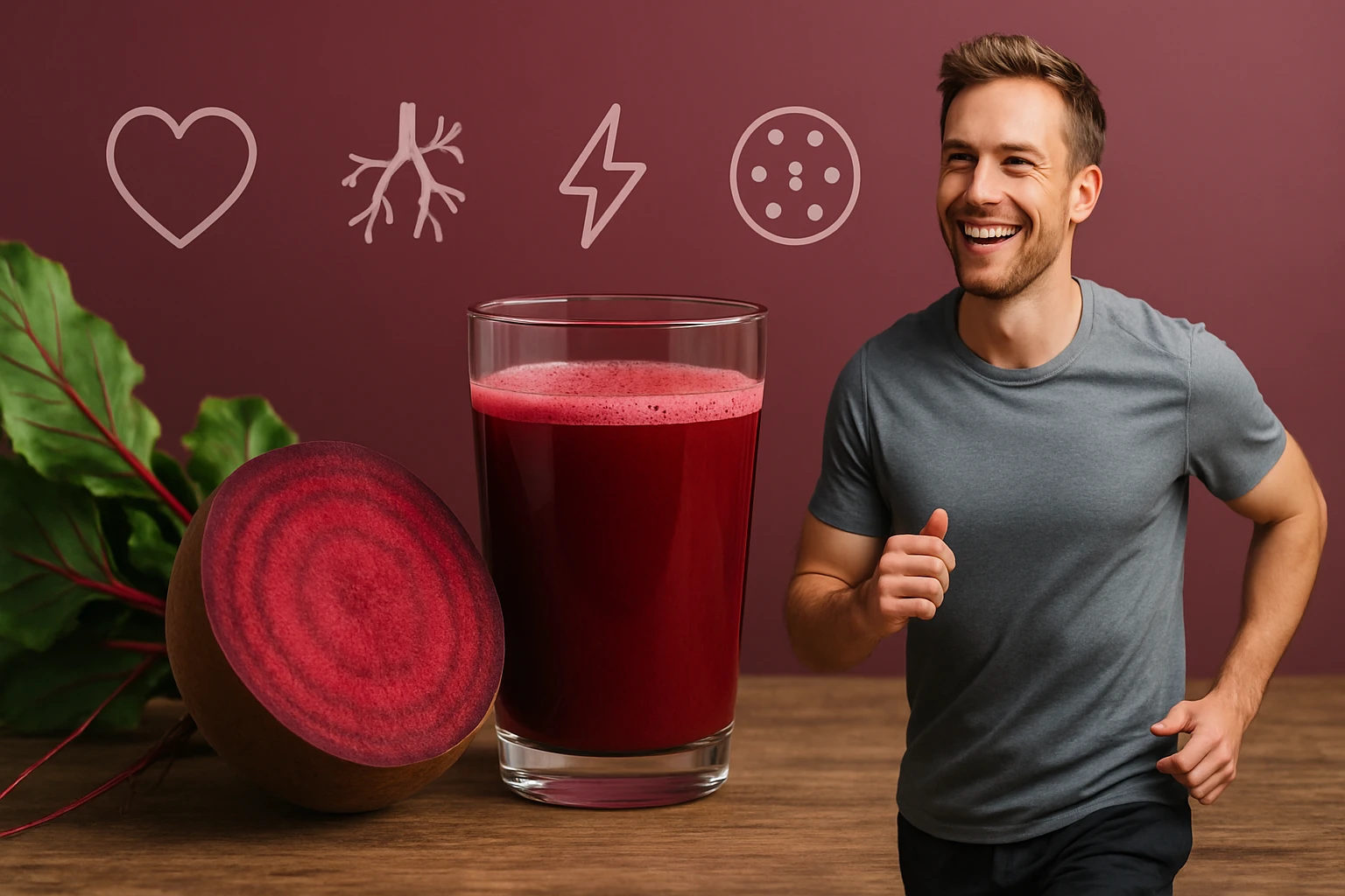 Egy fiatal férfi futás közben, mellette egy pohár céklalé és egy cékla.