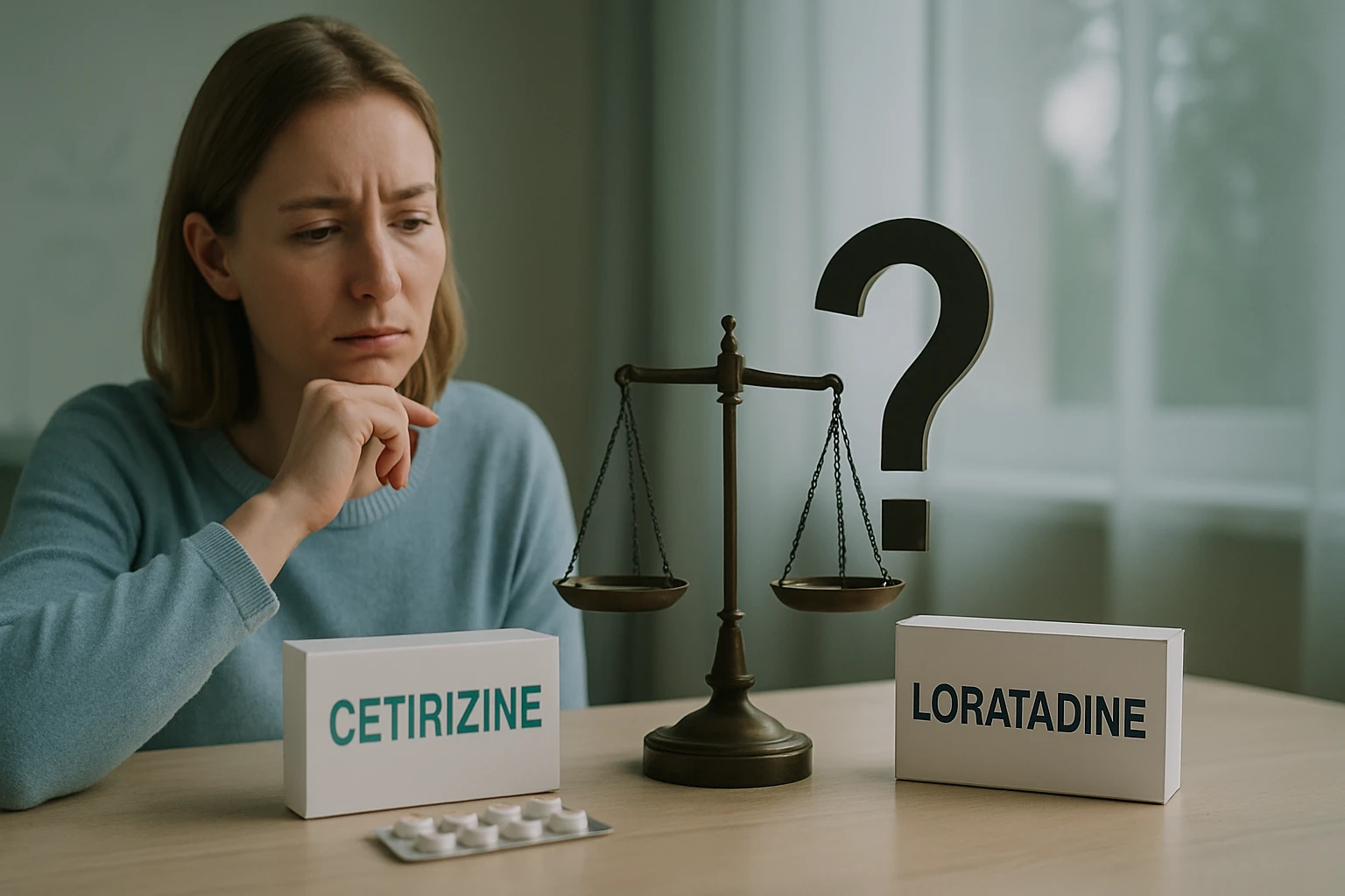 Egy nő gondolkodik a cetirizin és loratadin gyógyszerek között, mérleggel a középpontban.