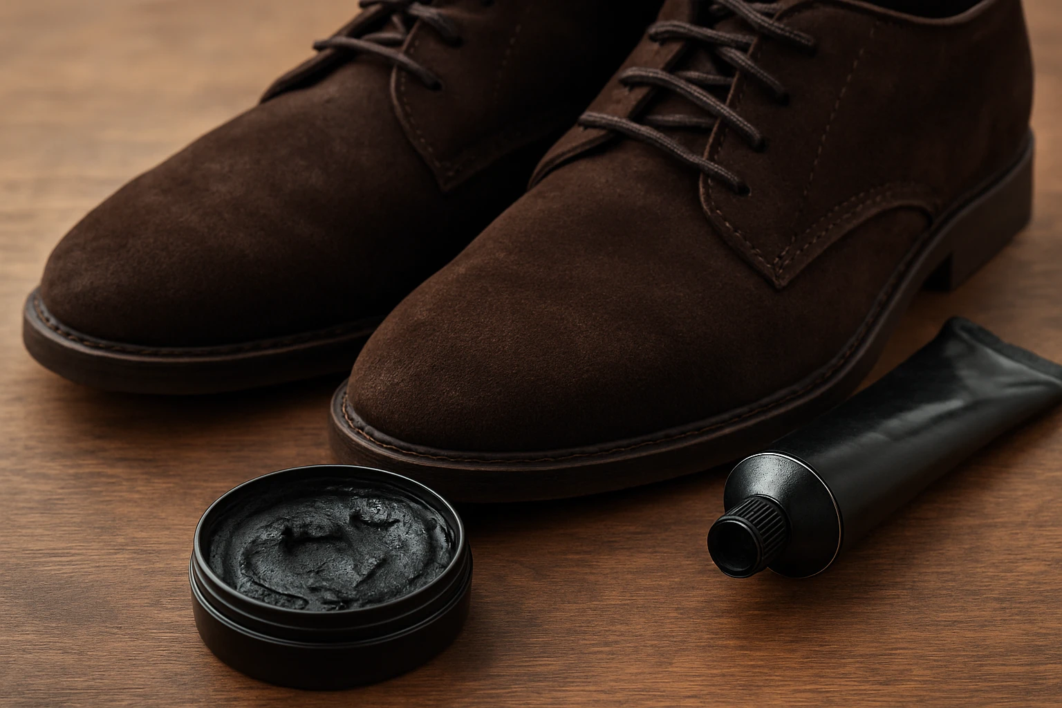 Barna velúr cipők és fekete cipőápoló krém egy fából készült felületen.