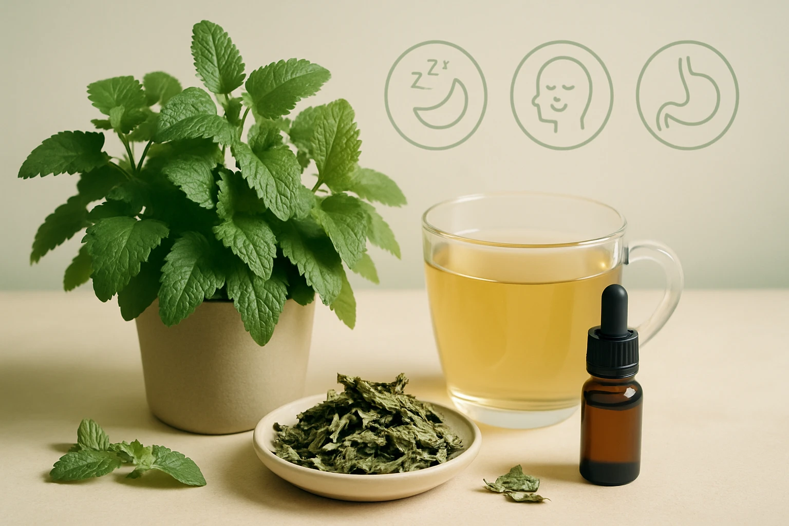 Friss citromfű növény, szárított levelek és tea egy pohárban.