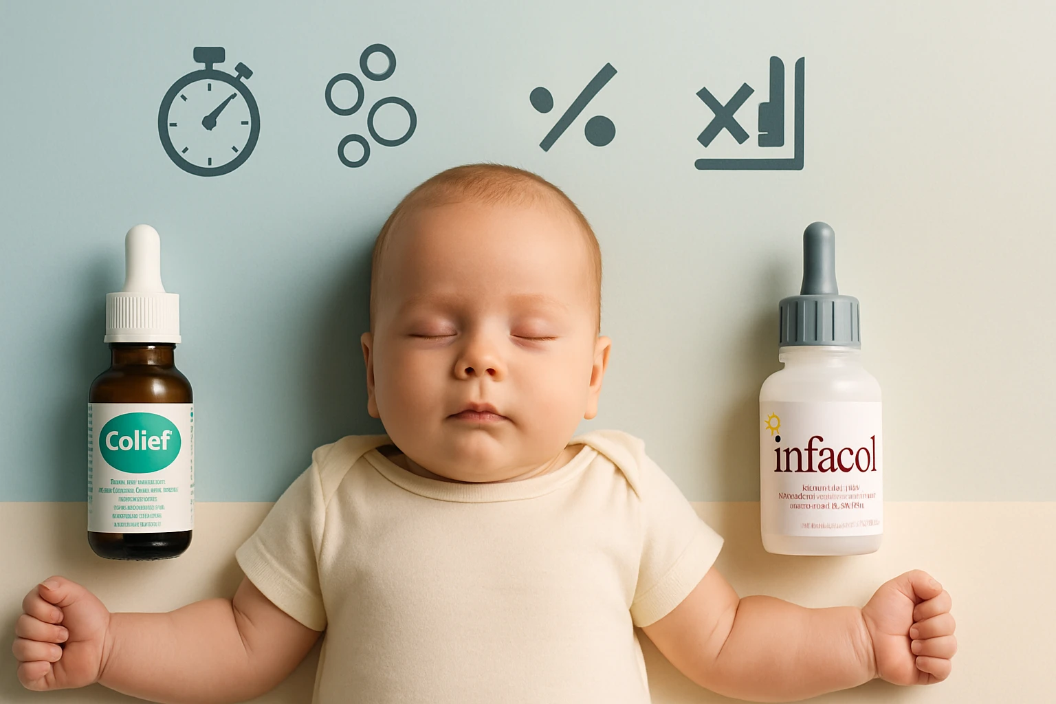 Egy alvó csecsemő, mellette Colief és Infacol gyógyszerek.