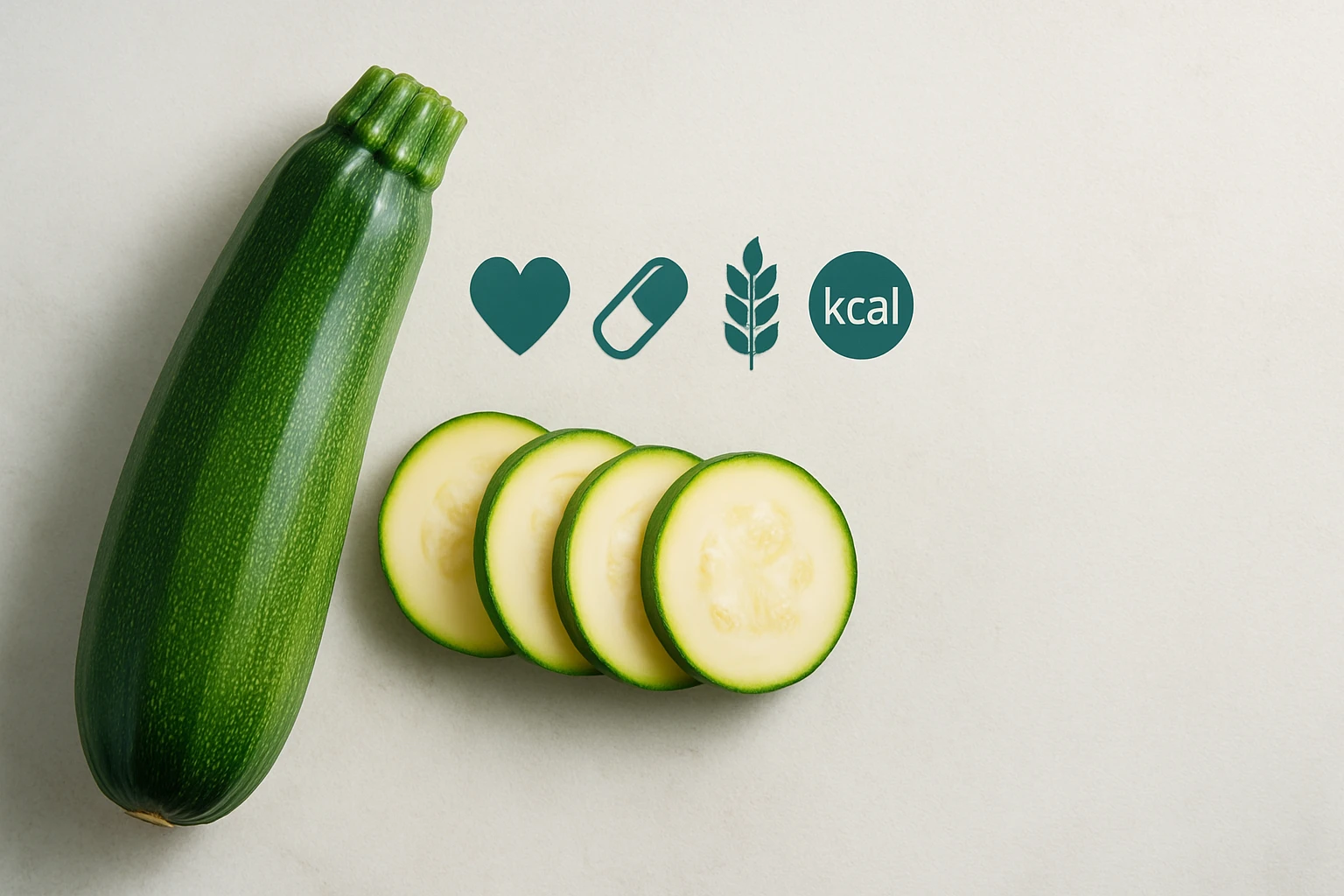 Friss cukkini, szeletekre vágva, egészséges táplálkozás szimbólumaival.