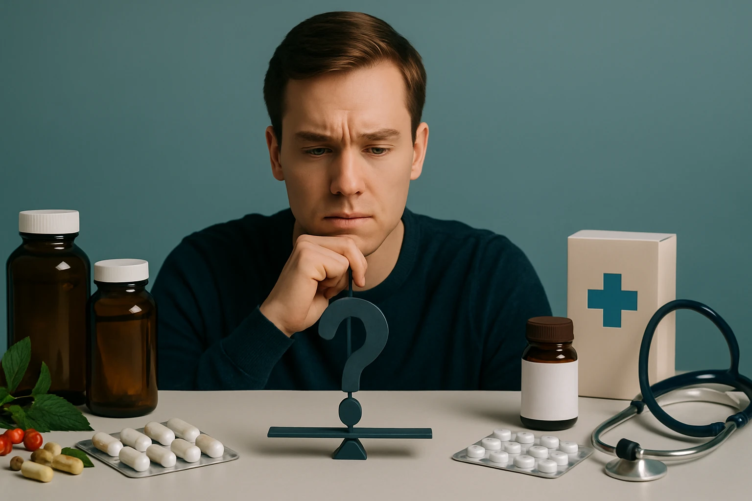 Egy férfi gondolkodik, miközben gyógyszerek és egészségügyi eszközök veszik körül.