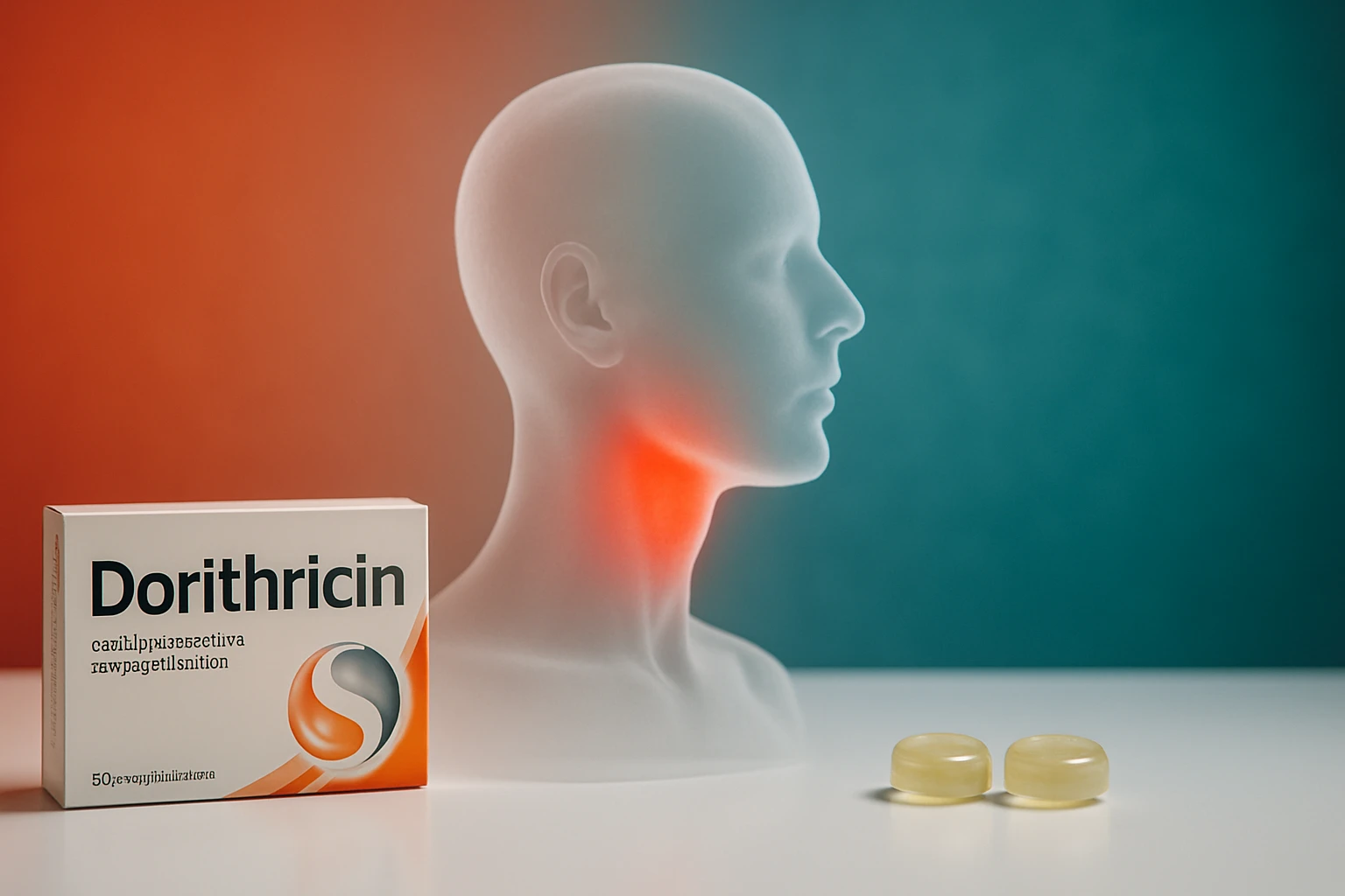 Egy áttetsző fejmodell, amelyen a nyak területén piros fény látható, mellette Dorithricin doboz és két sárga kapszula.