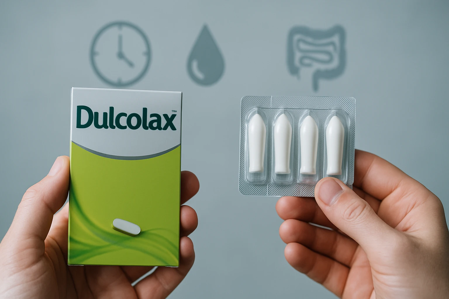 Két kézben tartott Dulcolax csomag és kúpok, háttérben emésztőrendszeri ikonok.