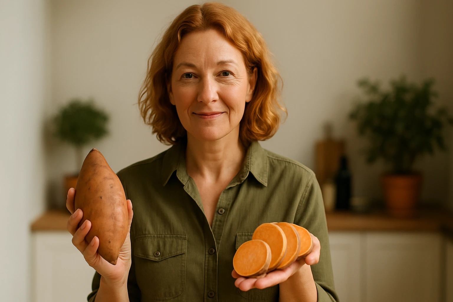 Egy nő édesburgonyát és édesburgonya szeleteket tart a kezében.