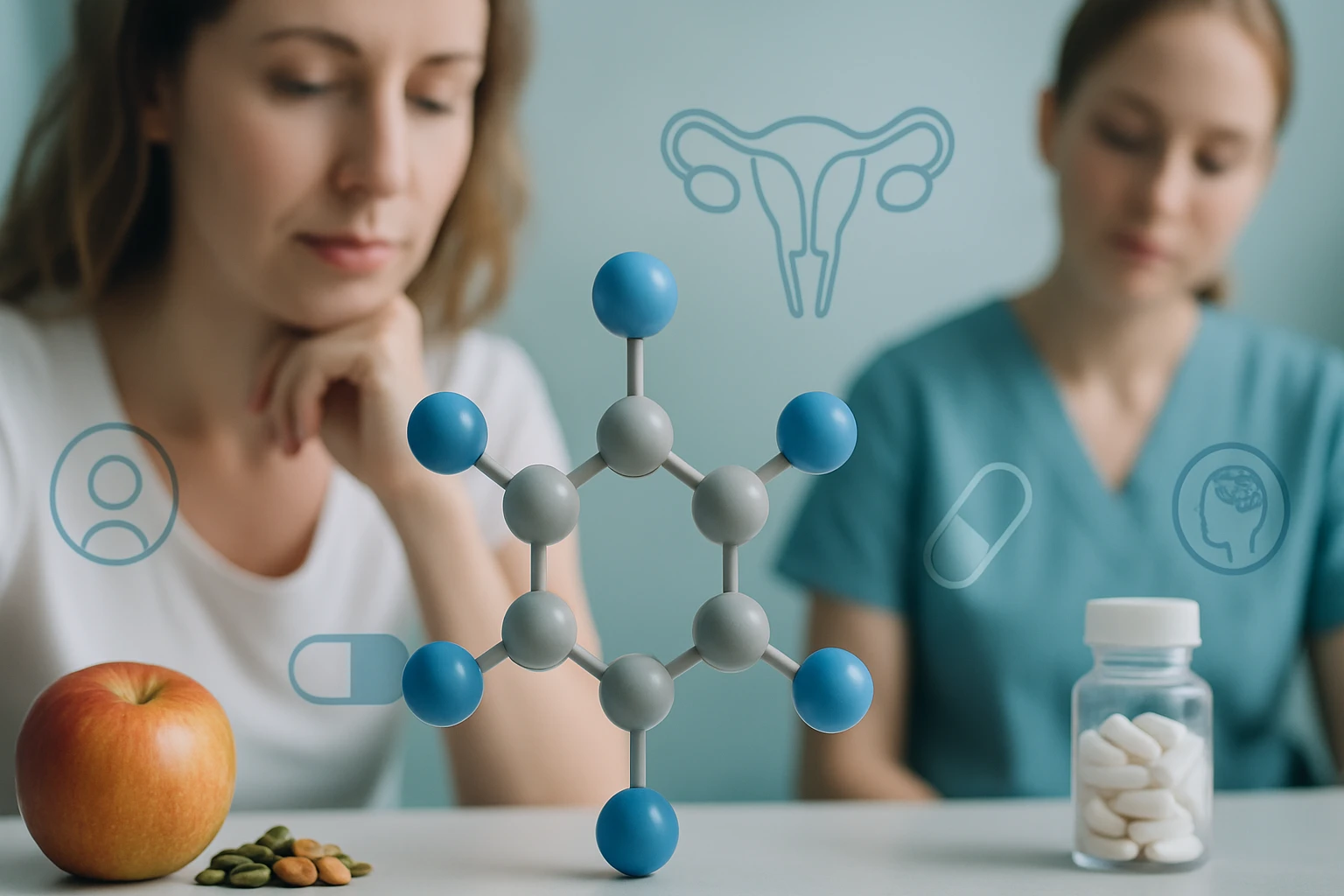 Két nő ül egy asztalnál, egy molekula modell és egészségügyi szimbólumok láthatók.