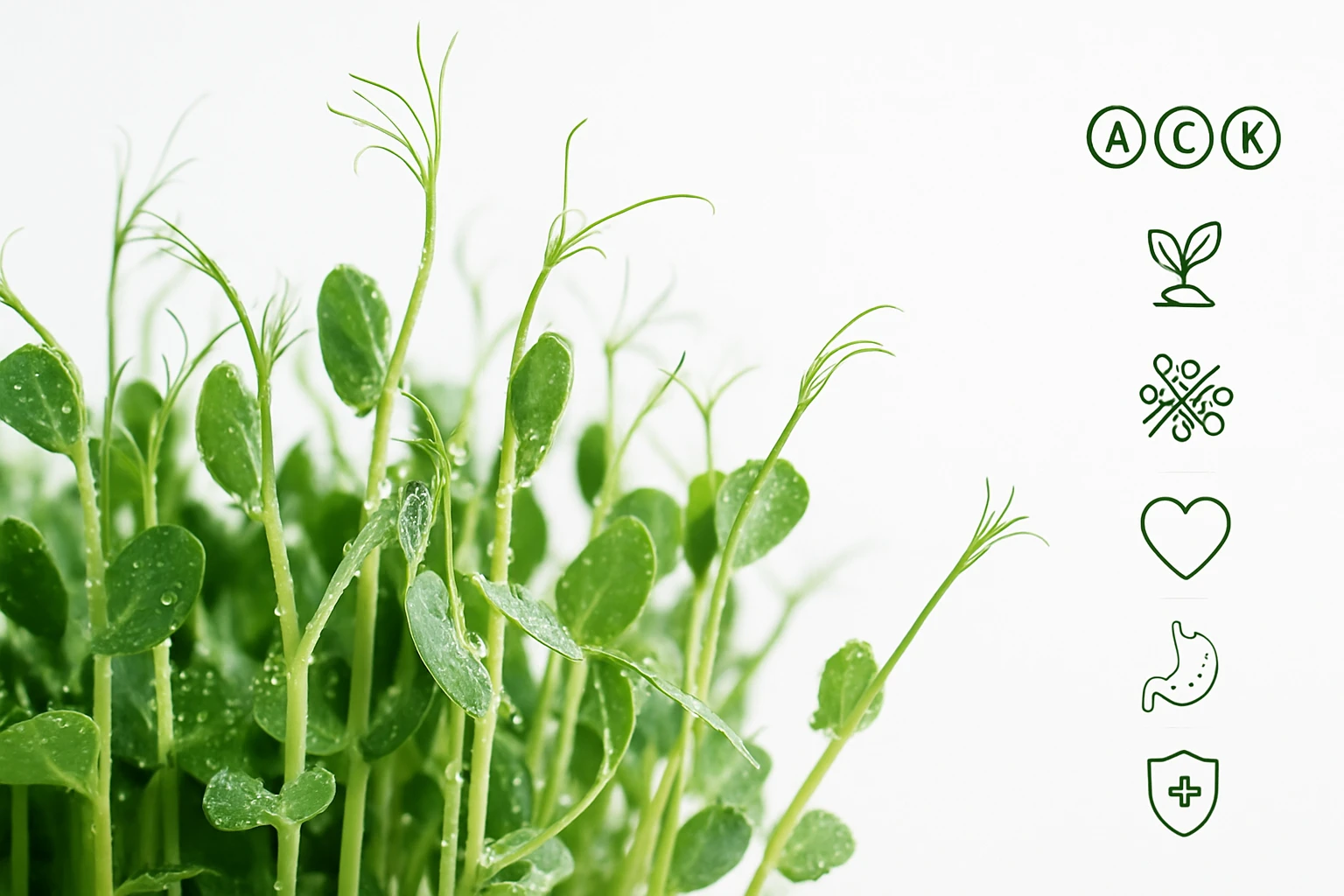 Friss zöld borsó hajtások, csepp víz látható a leveleken.