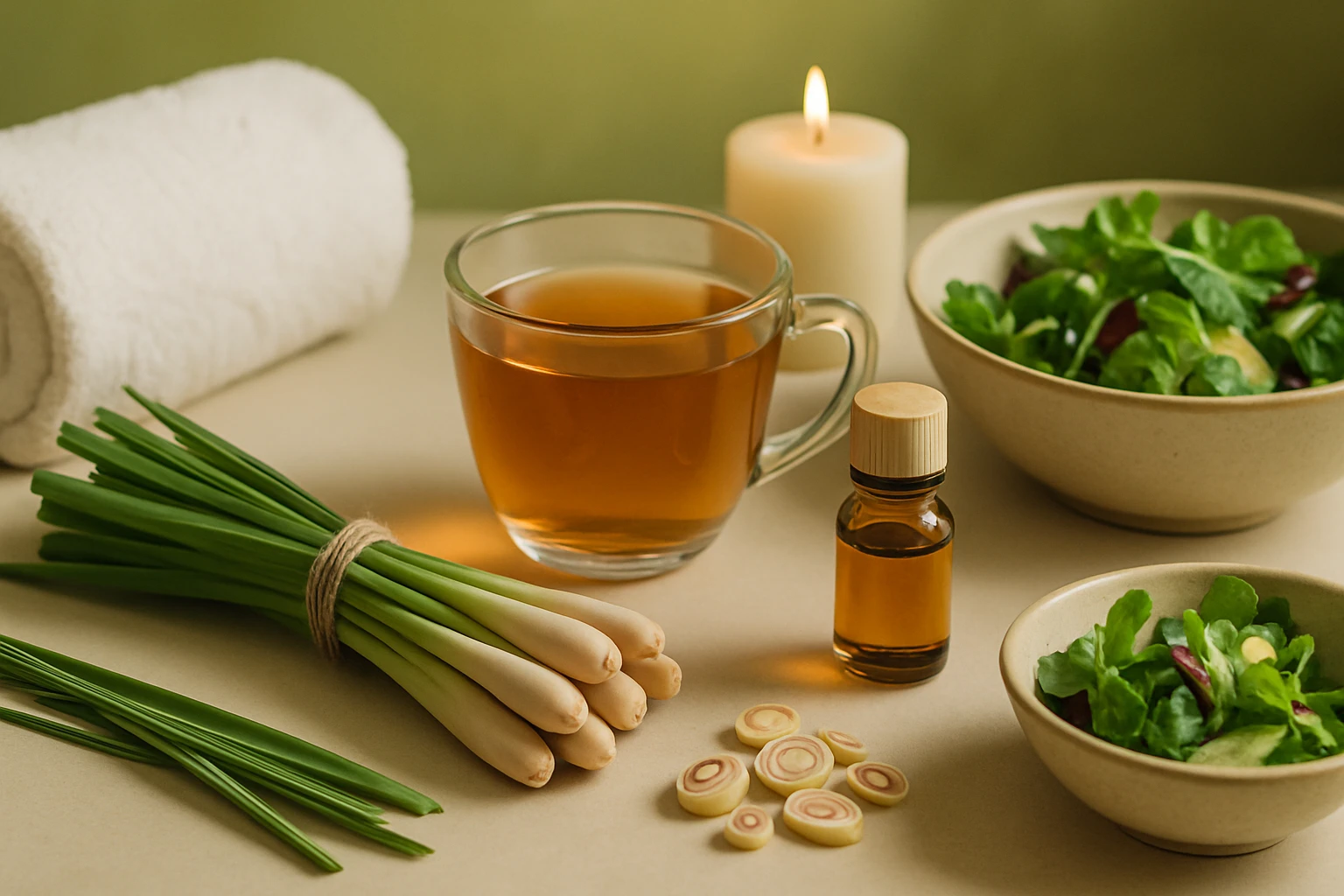 Friss zöldségek, gyógytea és illóolaj egy egészséges életmódhoz.