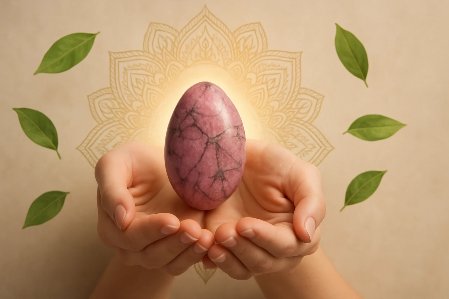 Két kéz tart egy rózsaszín tojást, körülötte levelek és mandala háttér.
