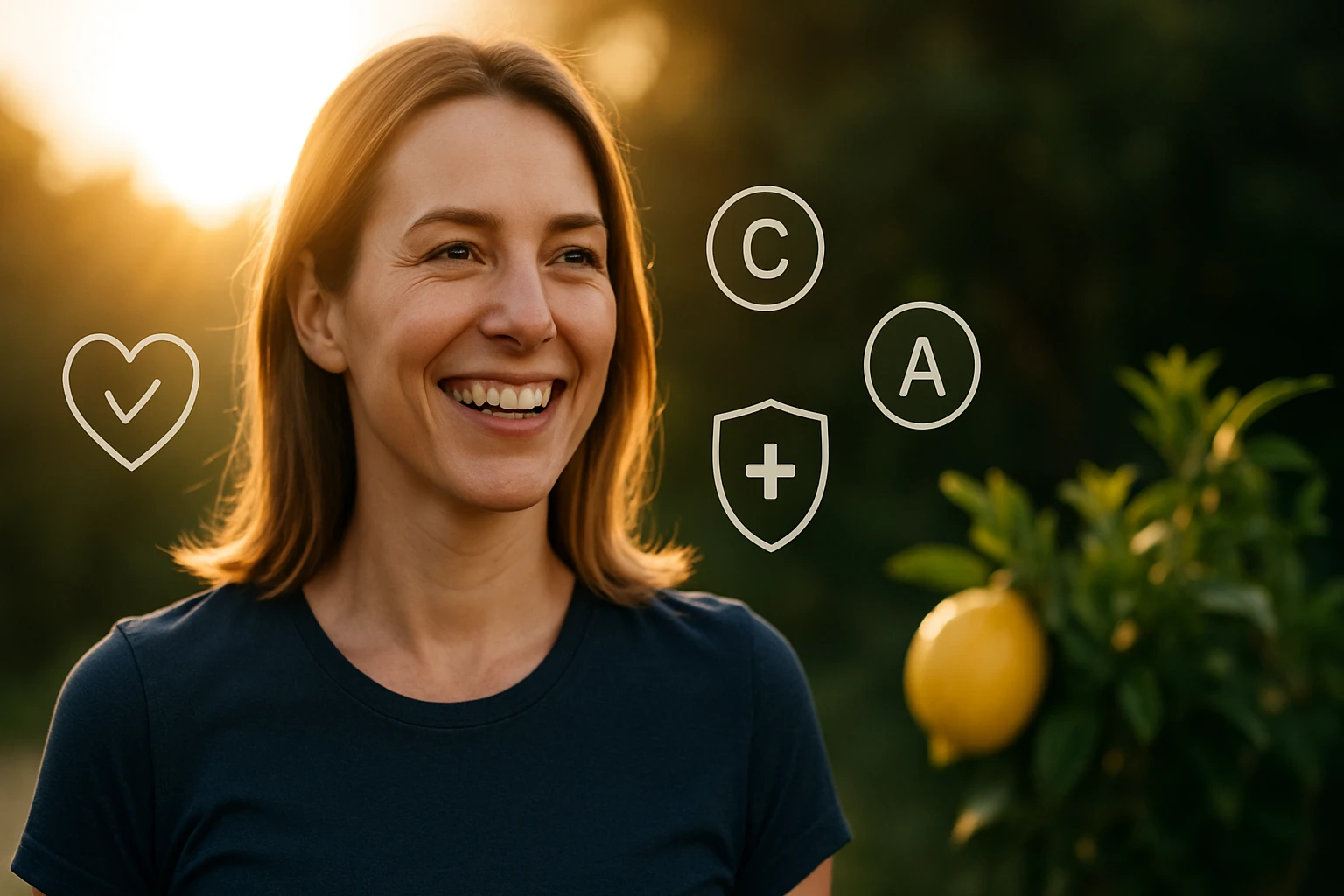 Egy mosolygó nő áll a napfényben, mellette citromfa és egészségi szimbólumok.