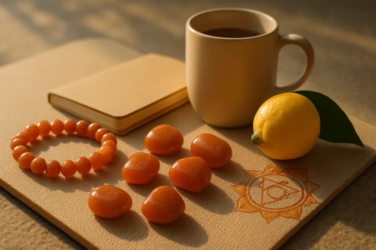 Narancssárga kövek, citrom, bögre és notesz egy asztalon.