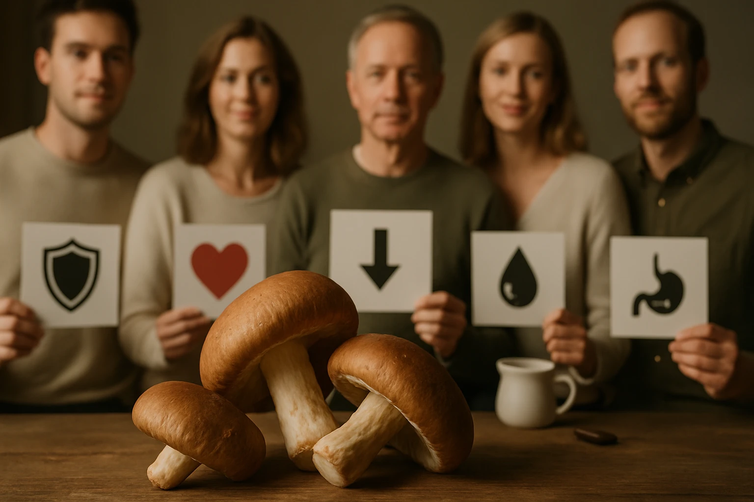 Két gombafej és négy ember, akik egészségügyi szimbólumokat tartanak a kezükben.