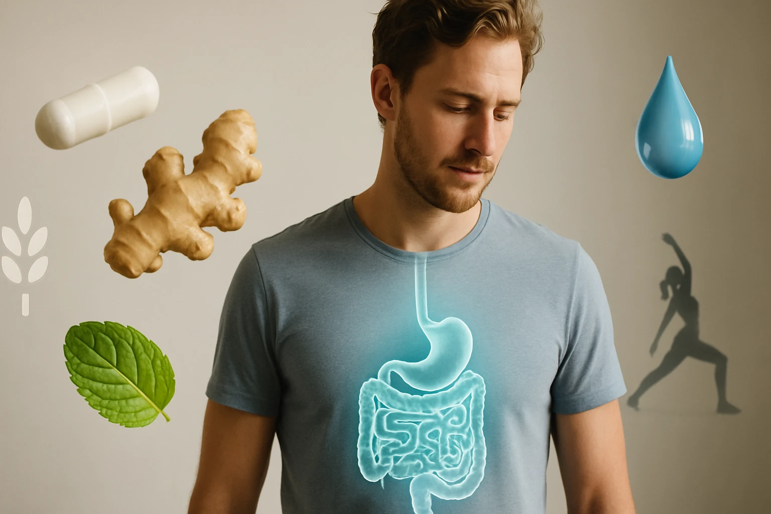 Egy férfi, aki a gyomrára mutat, körülötte gyömbér, vízcsepp és gyógyszer látható.