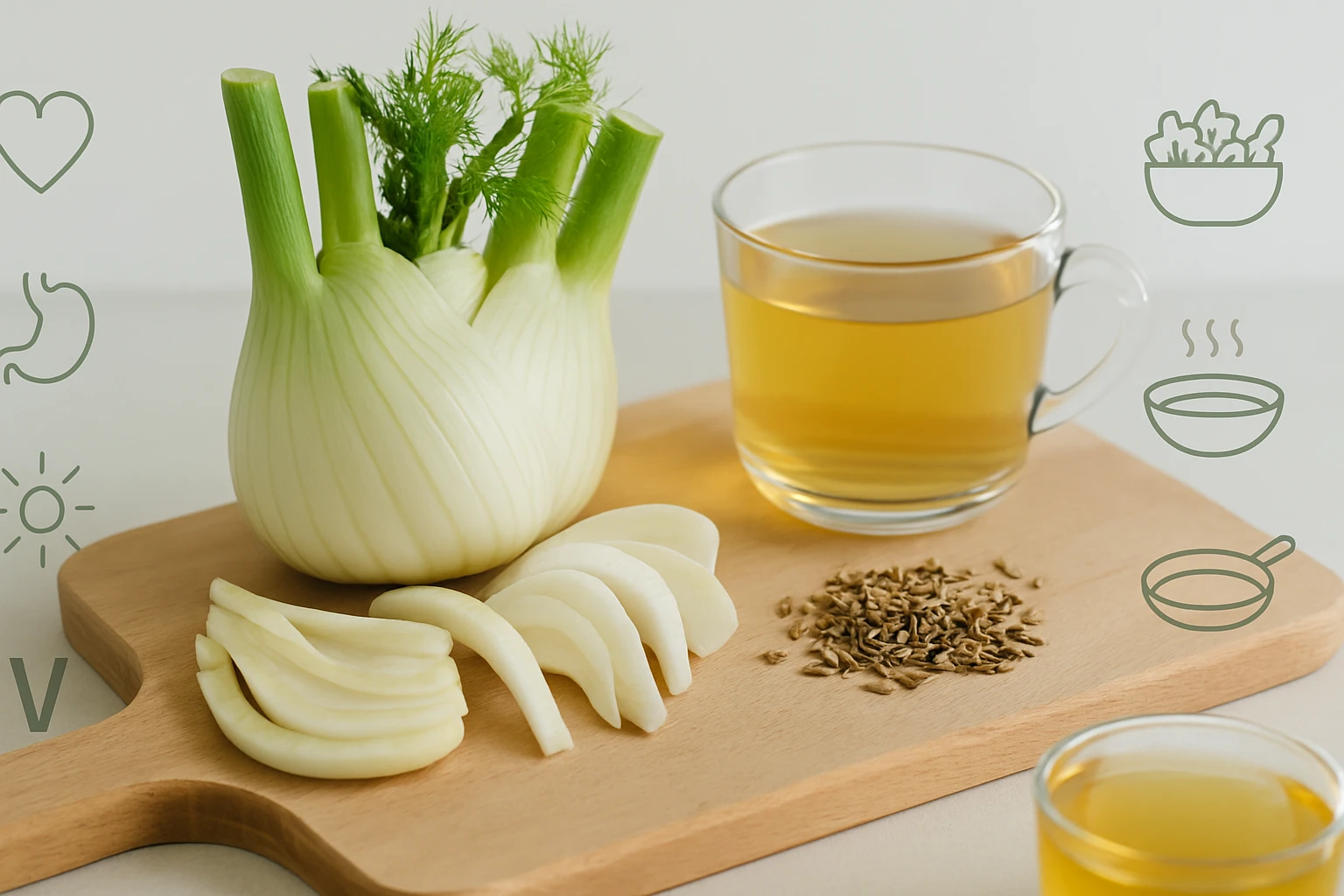 Friss édeskömény, szeletelt hagyma és fűszerek egy vágódeszkán, mellettük tea.