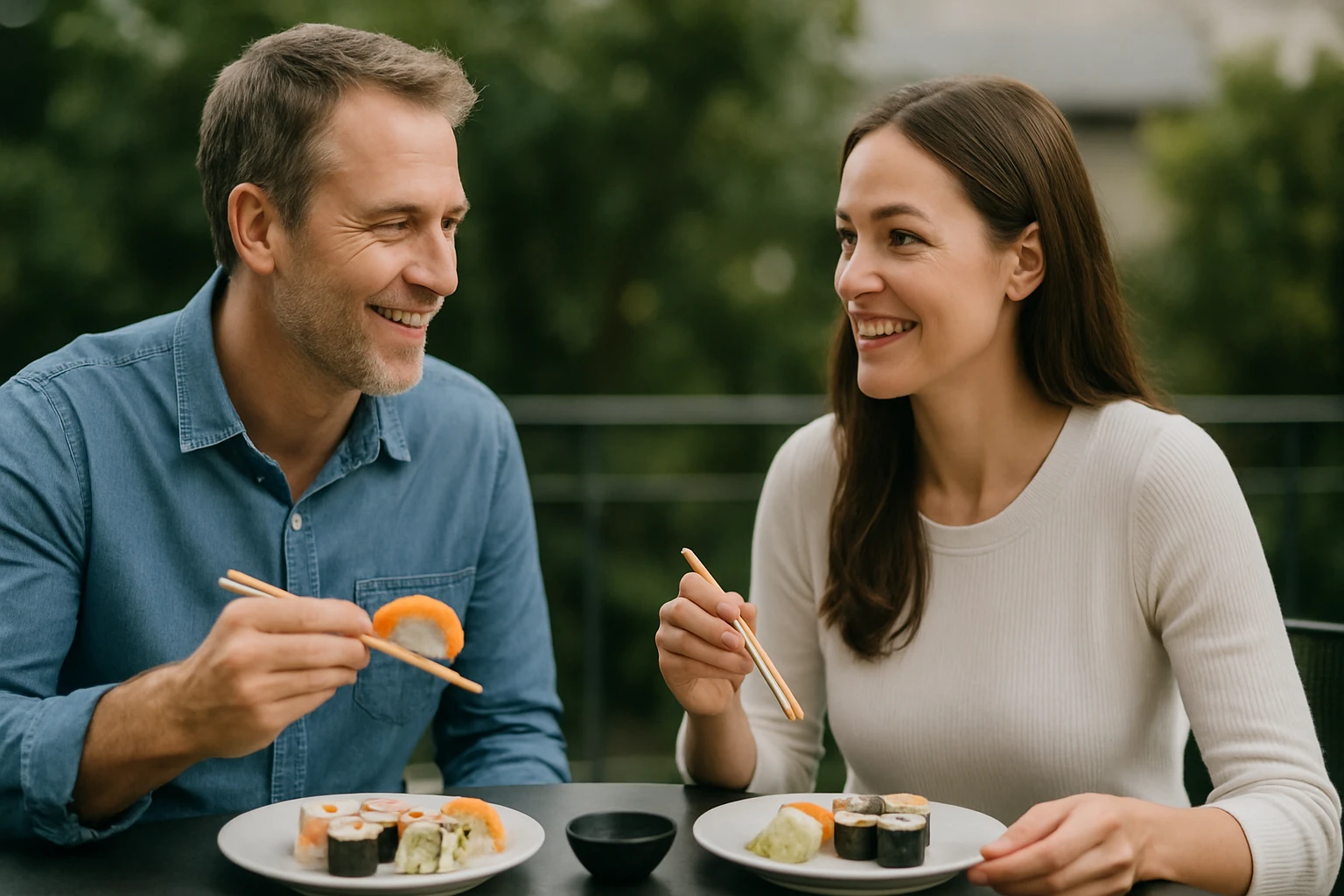 Két ember sushi-t eszik, boldogan beszélgetve egy teraszon.