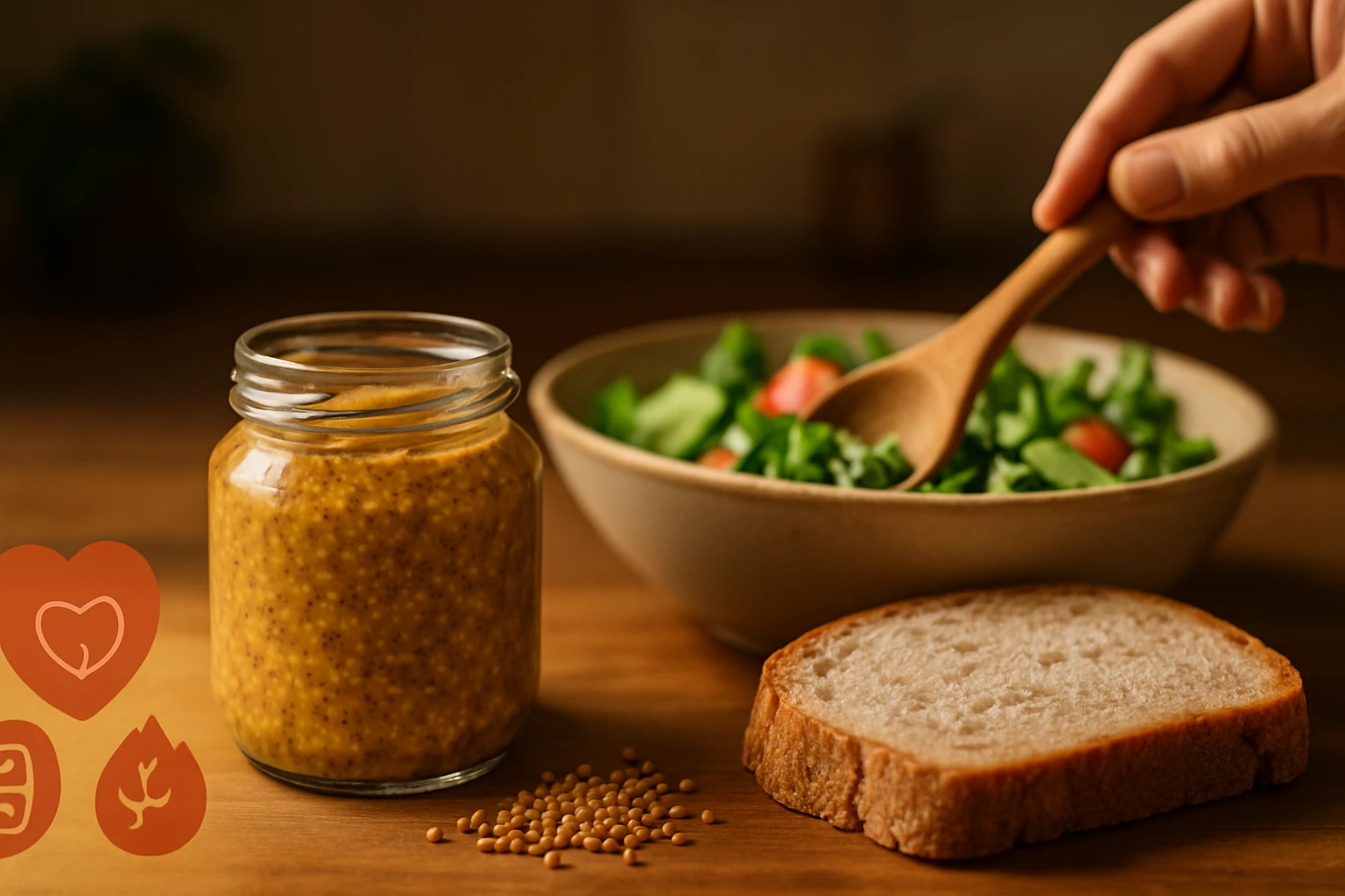 Egy üveg mustár, saláta és egy szelet kenyér egy fából készült asztalon.