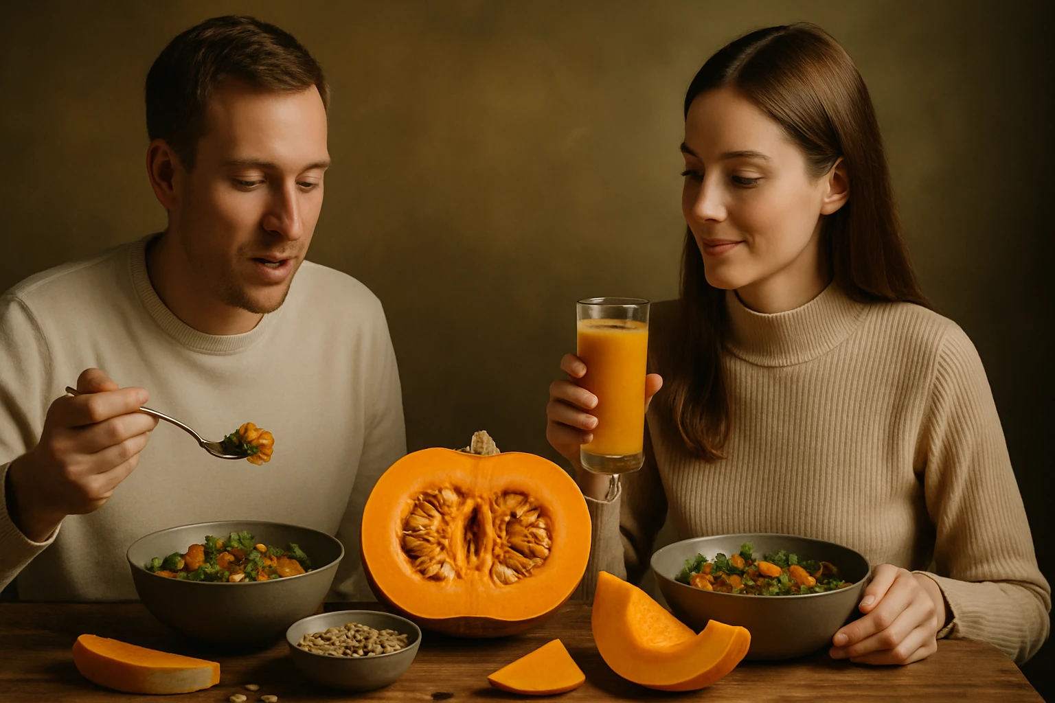 Két ember egészséges étkezést élvez, tök és saláta társaságában.