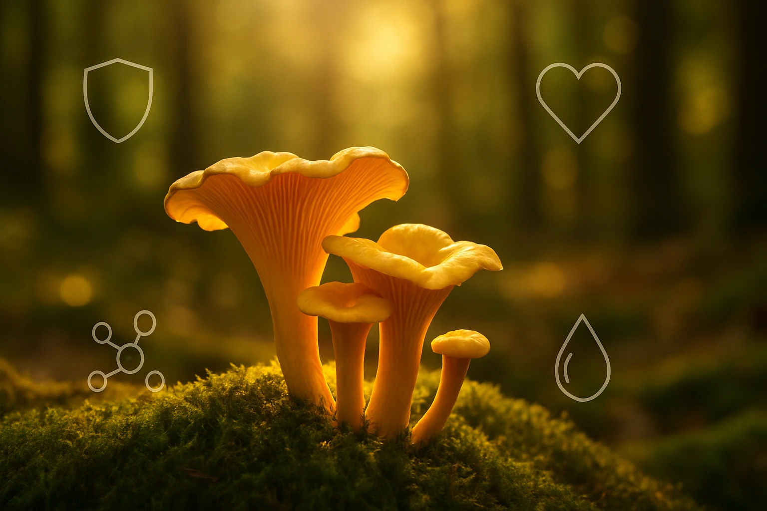 Napsütésben álló, sárga csiperke gombák egy zöld moha borította talajon.