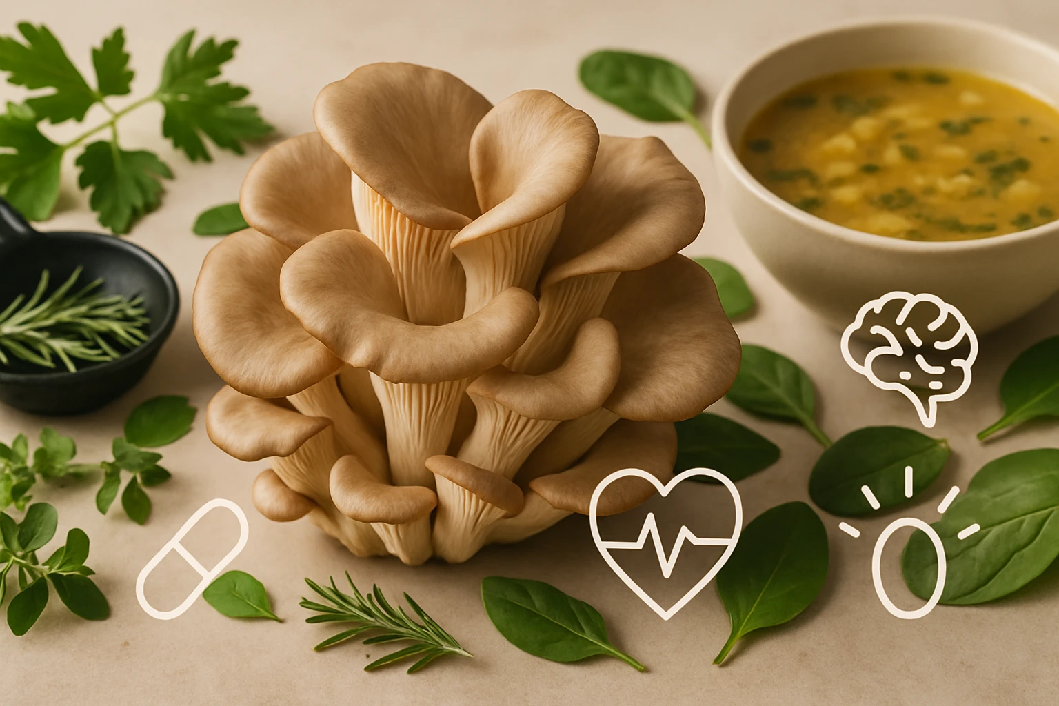 Friss gomba, gyógynövények és egy tál leves, egészséges étkezéshez.