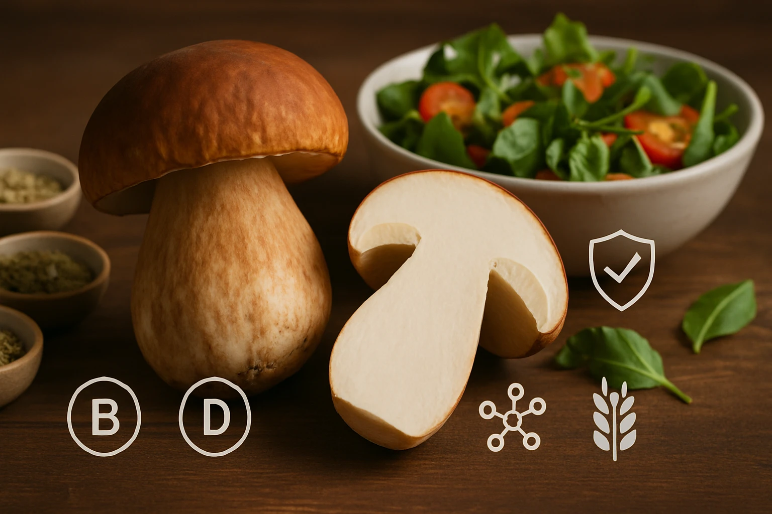 Friss gombák és saláta egy fából készült asztalon, egészséges étkezéshez.