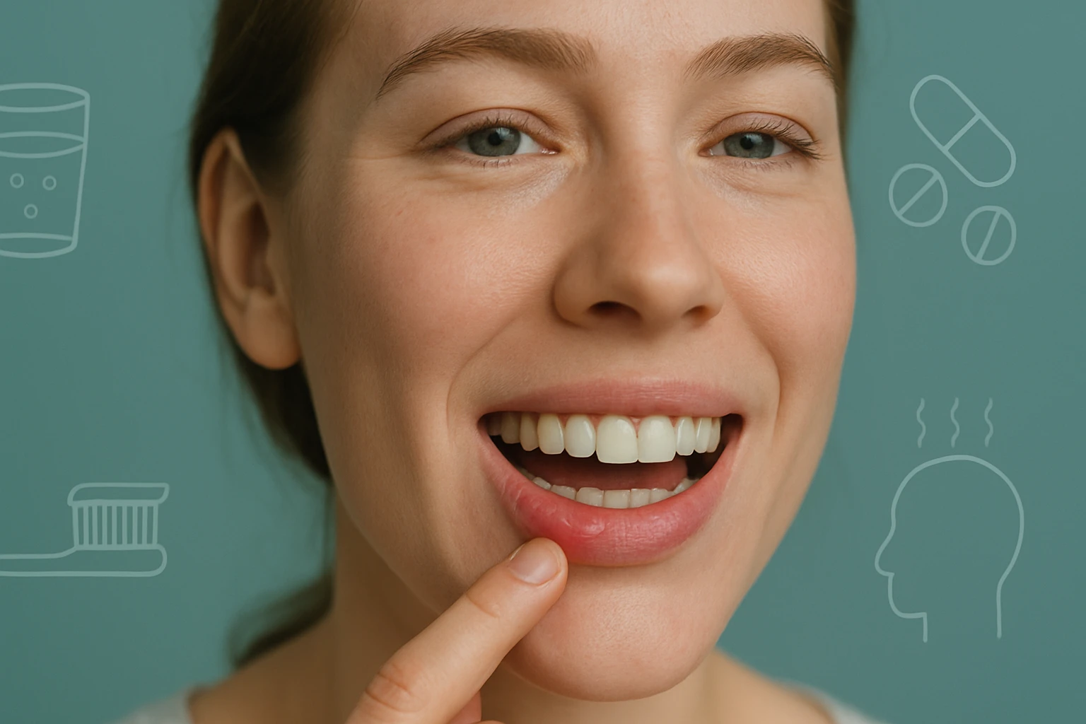 Egy fiatal nő mosolyog, miközben az ajkát mutatja, háttérben egészségügyi ikonokkal.