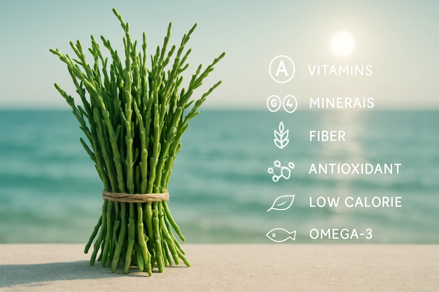 Friss zöld növények, tengerparti háttérrel, egészséges tápanyagokkal.