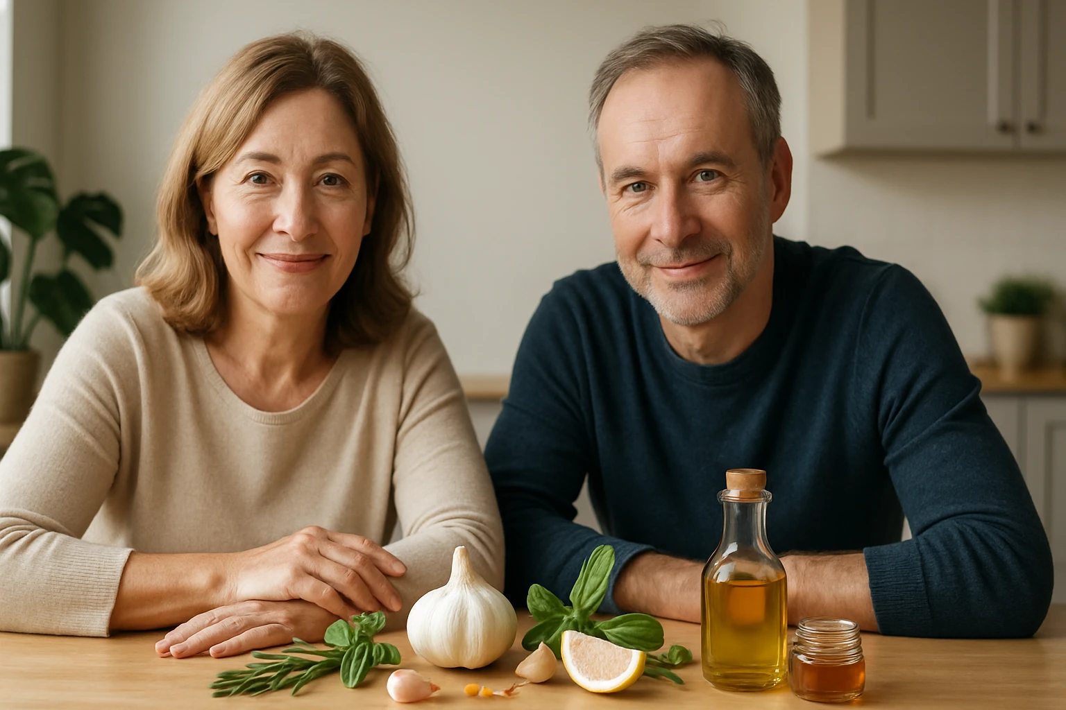 Két felnőtt, egészséges ételek között ülve, fokhagyma és olívaolaj látható.