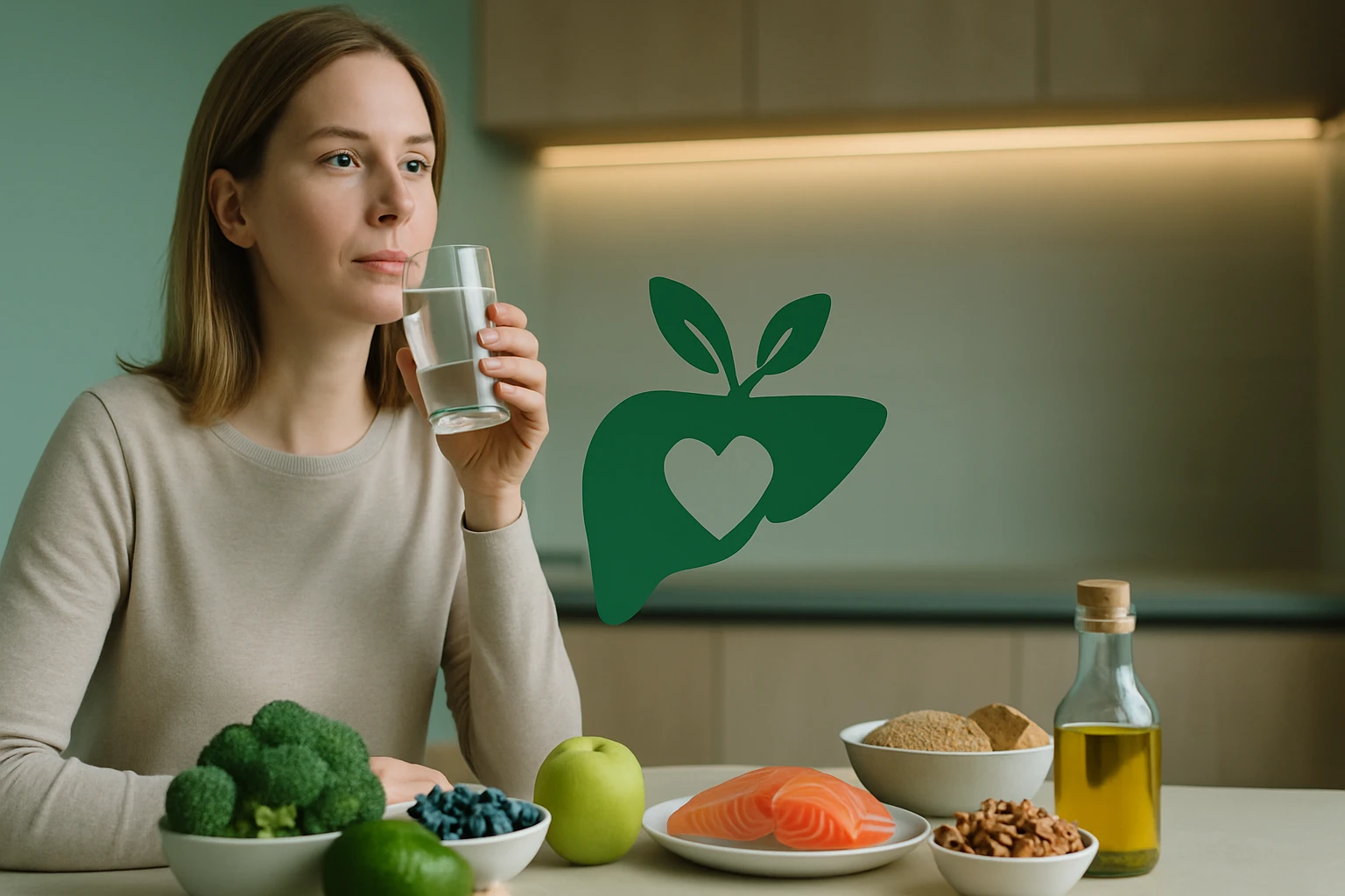 Egy nő vízzel a kezében, egészséges ételek körül, mint zöldségek és hal.