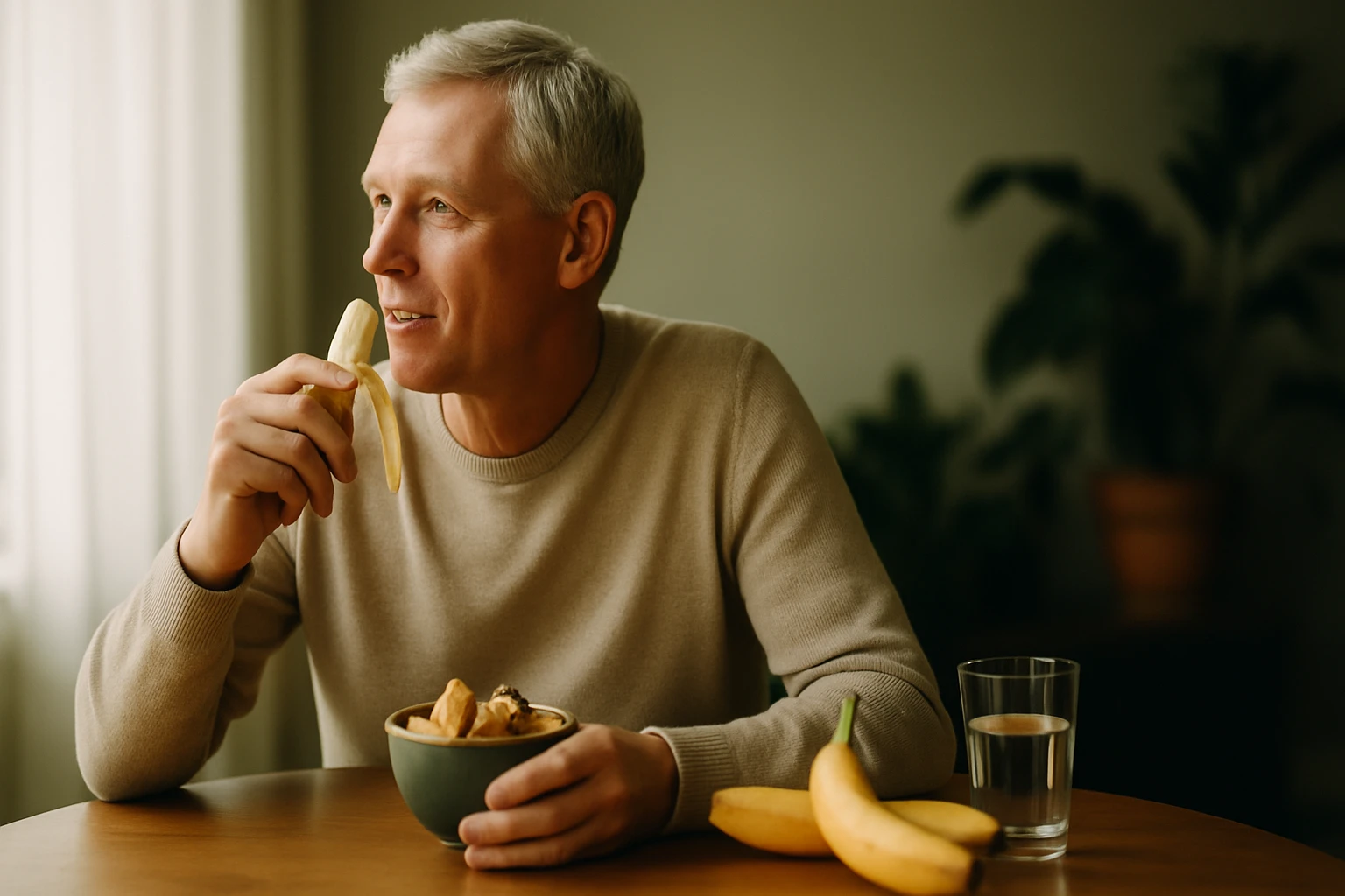 Egy férfi banánt eszik, miközben egy tál gyümölcsöt tart a kezében.