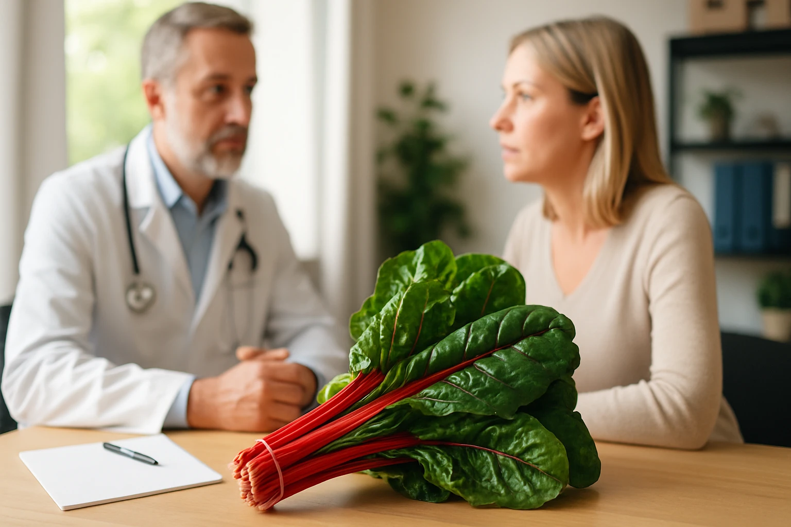 Egy orvos és egy nő beszélget egy asztalnál, előtérben friss mángold.