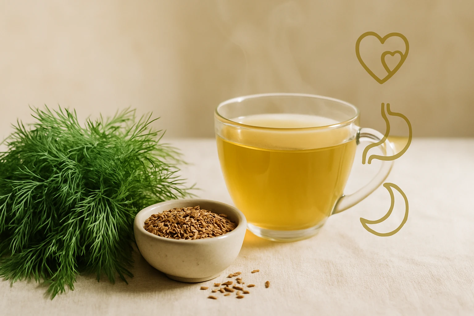 Friss fűszernövény és egy csésze gőzölgő tea, mellette fűmagok.