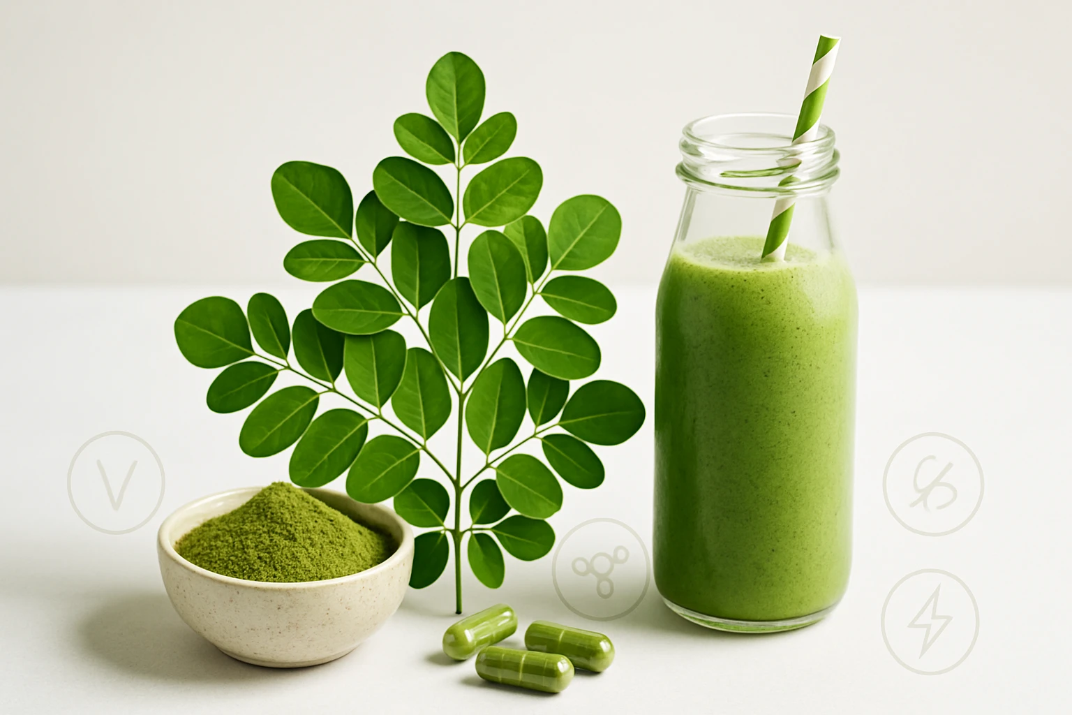 Zöld turmix egy üvegben, mellette moringa levél és por, valamint zöld kapszulák.