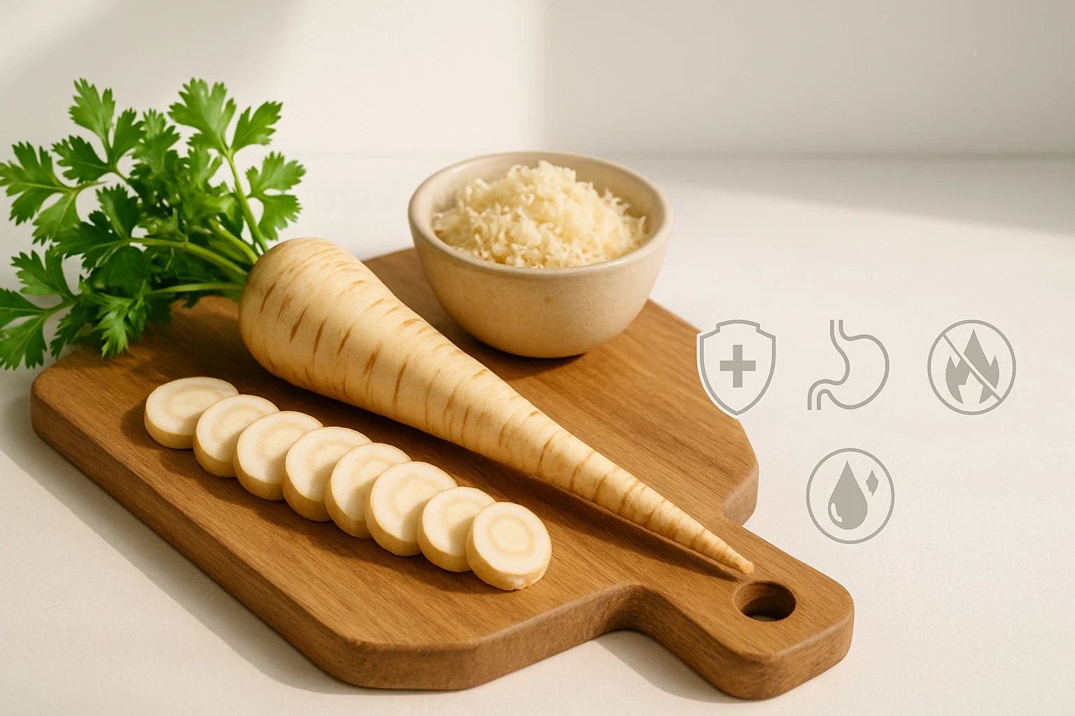 Friss pasztinák és petrezselyem zöldségek egy vágódeszkán, reszelt sajt mellett.