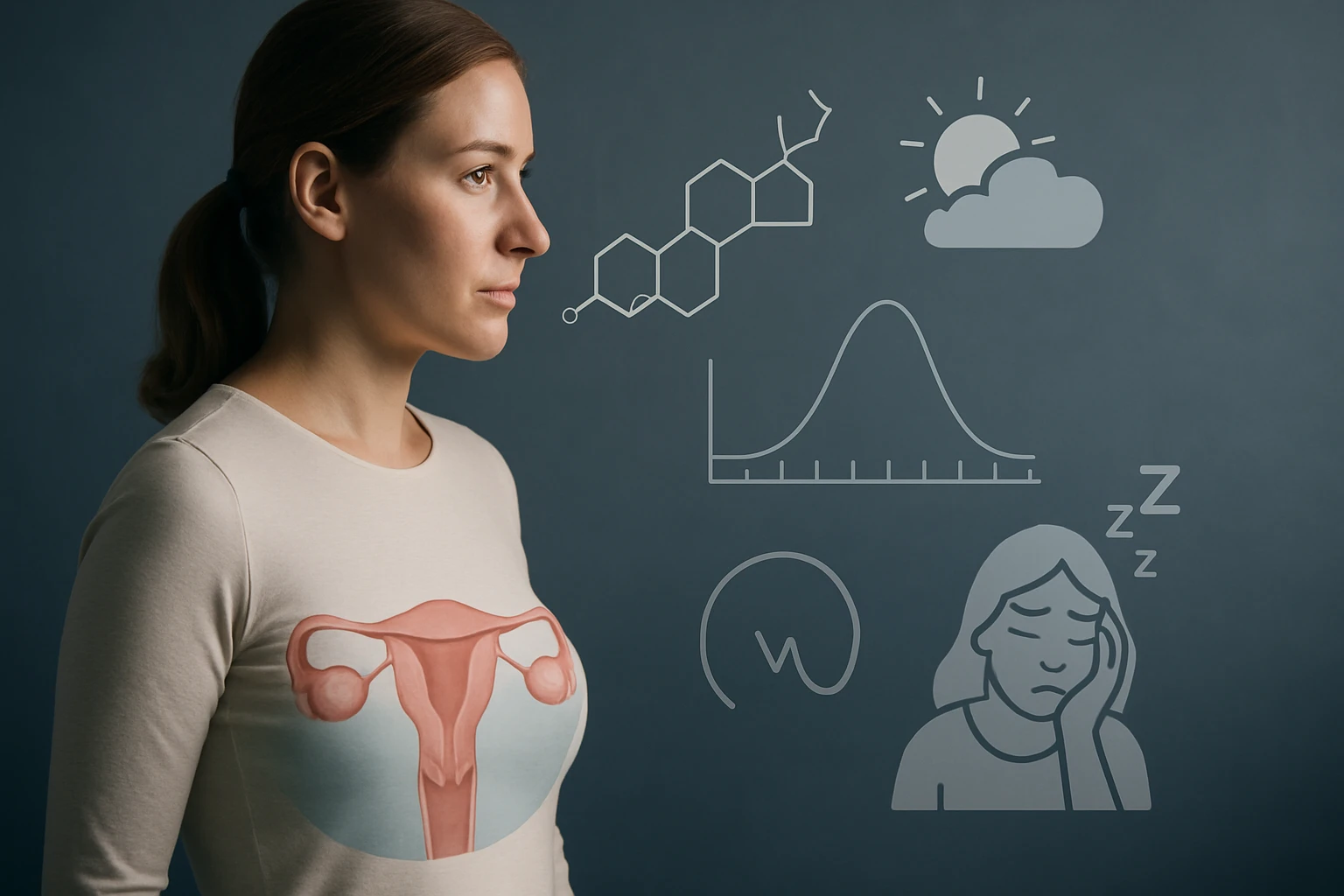 Egy nő profilja, mellette egészségügyi szimbólumok, mint hormonok és alvás.