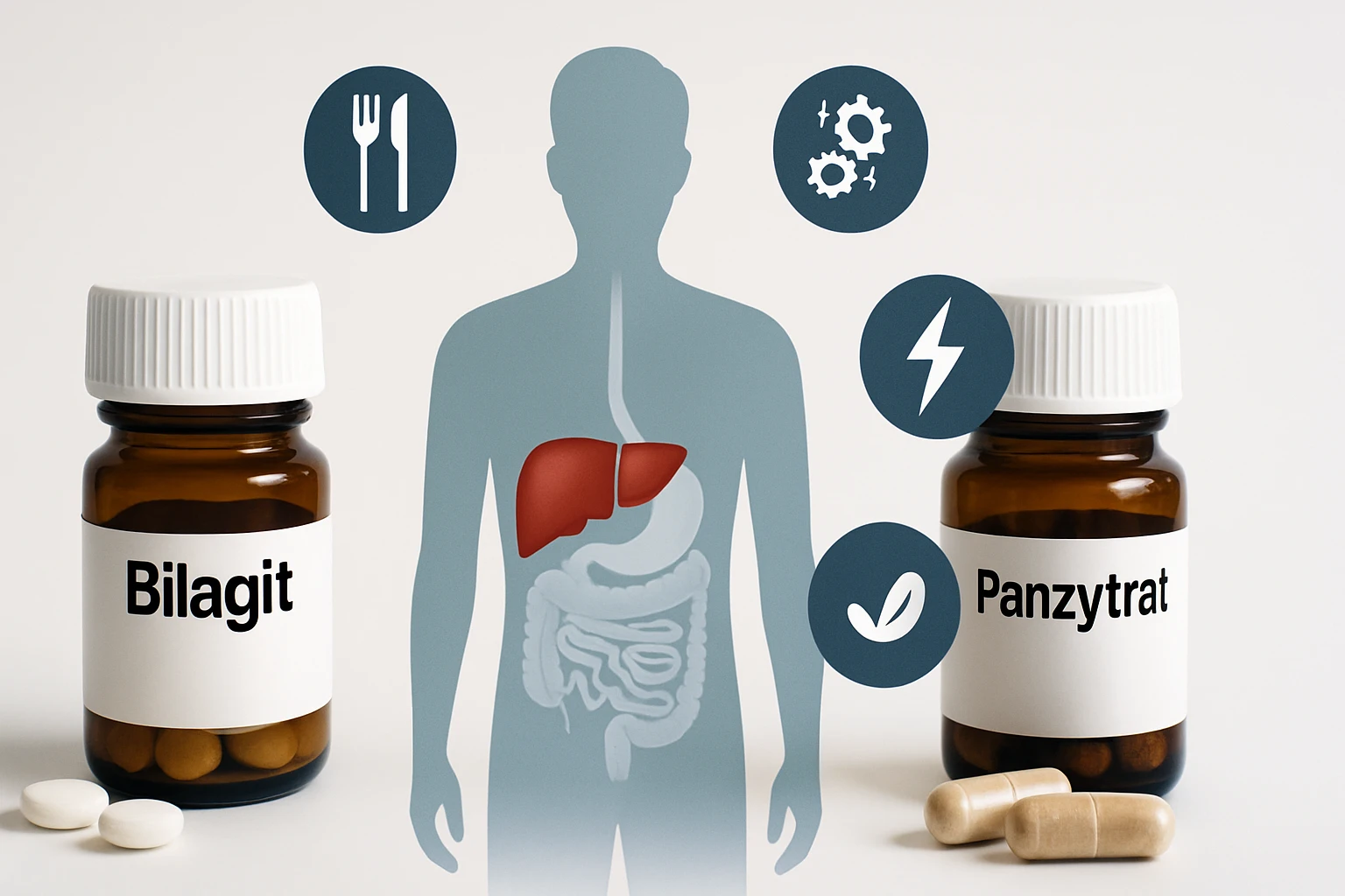 Két gyógyszer, Bilagit és Panzytrat, emésztőrendszeri ikonokkal ábrázolva.