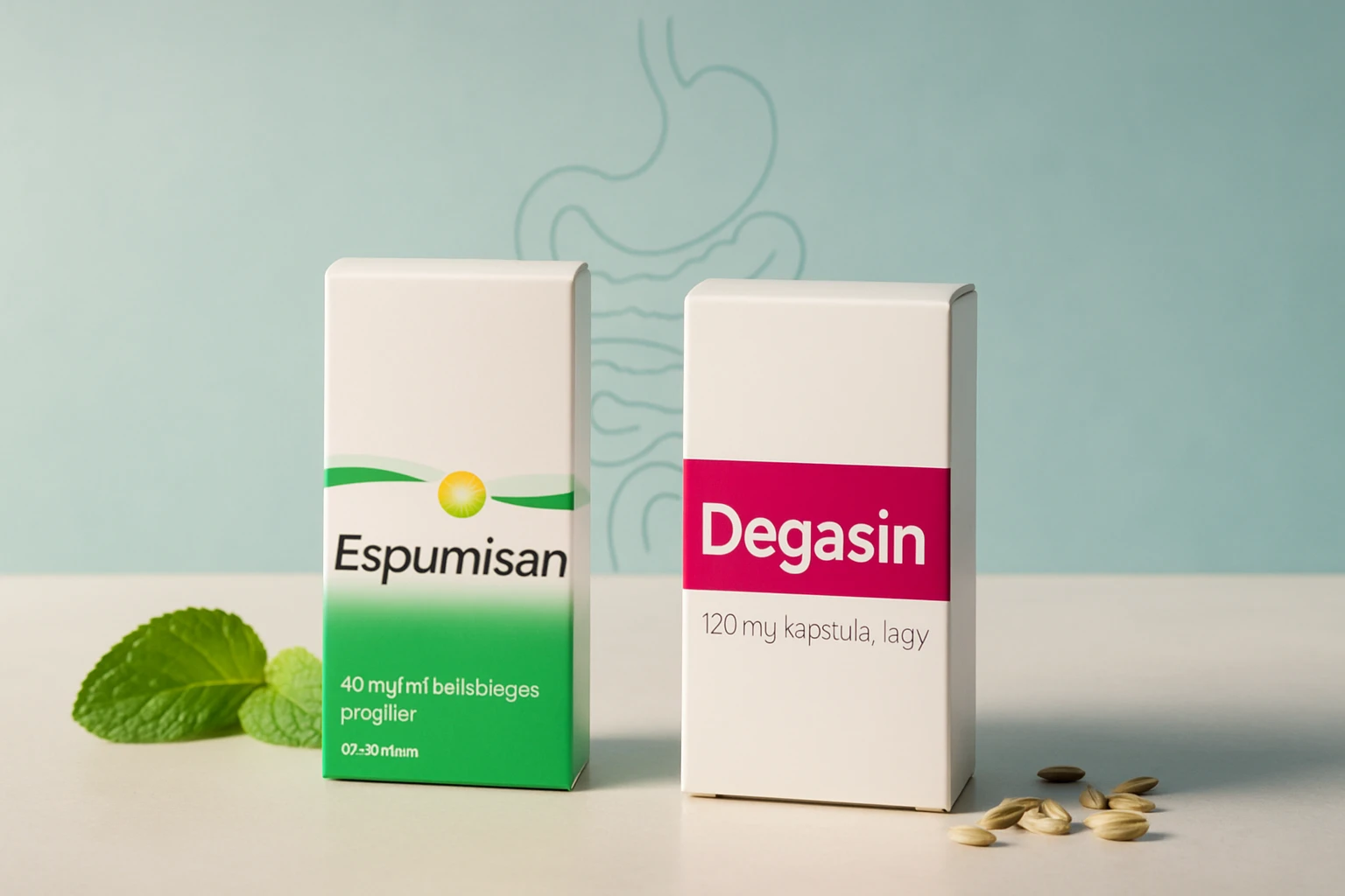 Két gyógyszer doboza, az Espumisan és a Degasin, emésztési problémák kezelésére.