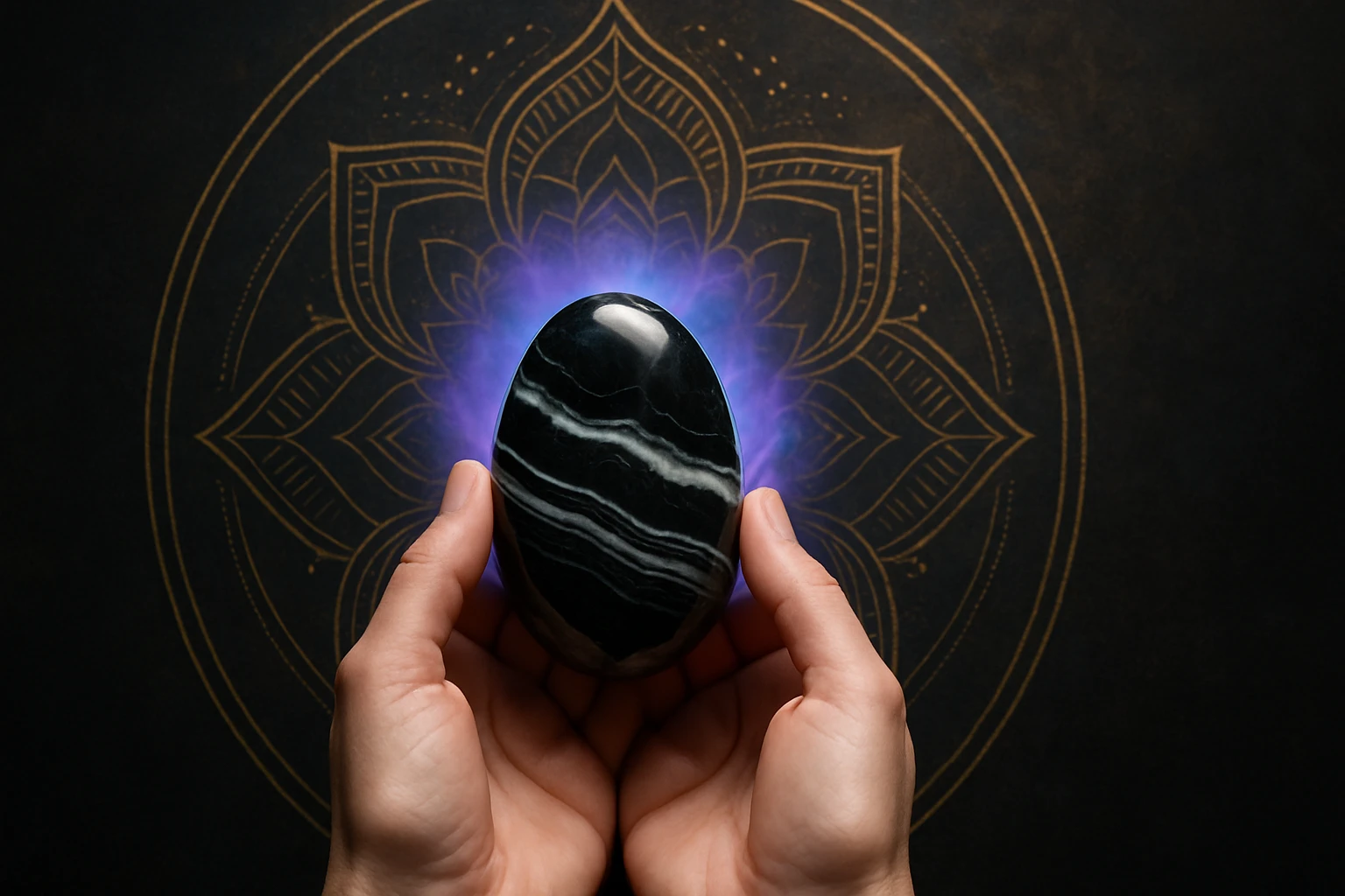 Két kéz tart egy fekete márvány tojást, háttérben mandala mintával.