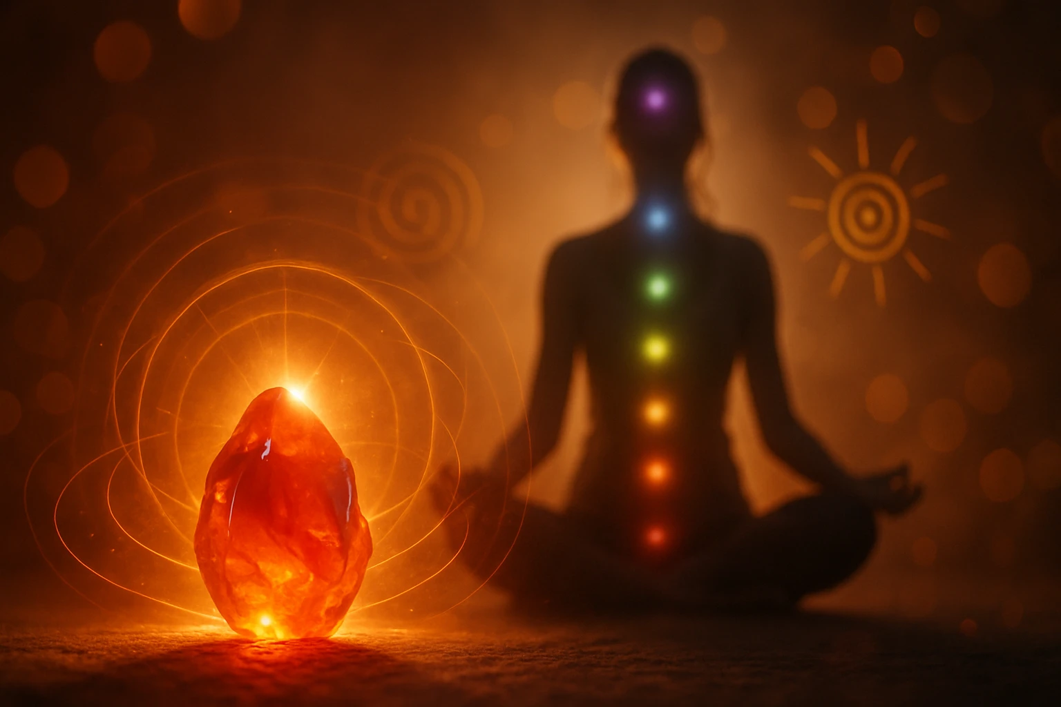 Egy meditáló személy háttérben egy fénylő narancssárga kristállyal, amely az energiát szimbolizálja.
