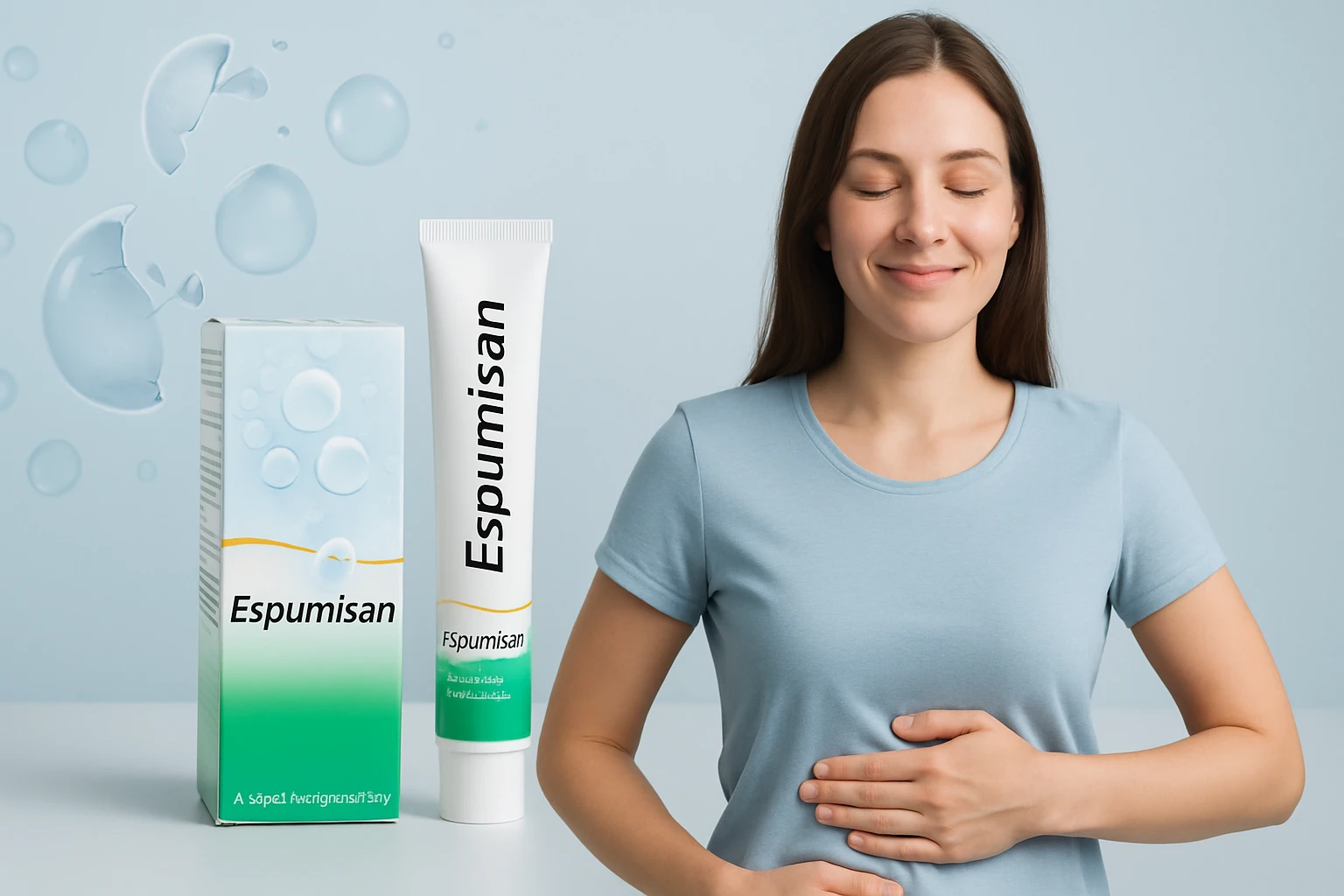 Egy nő mosolyogva, kezét a hasán tartva, Espumisan termék mellett.