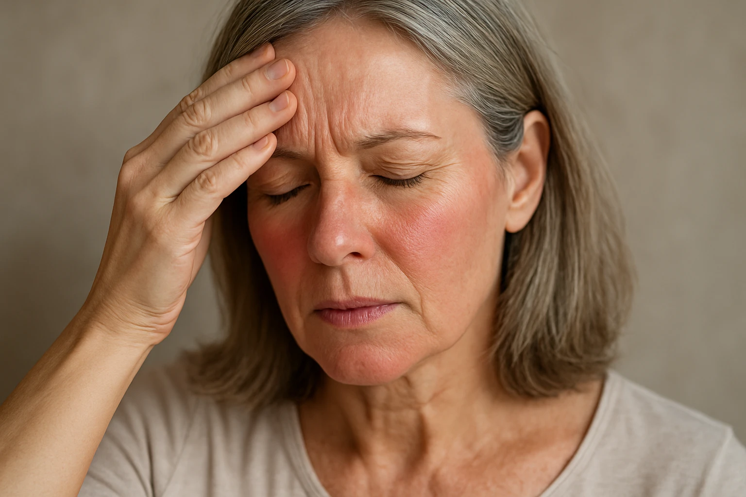 Egy középkorú nő fájdalmas arckifejezéssel, kezét a homlokán tartva.