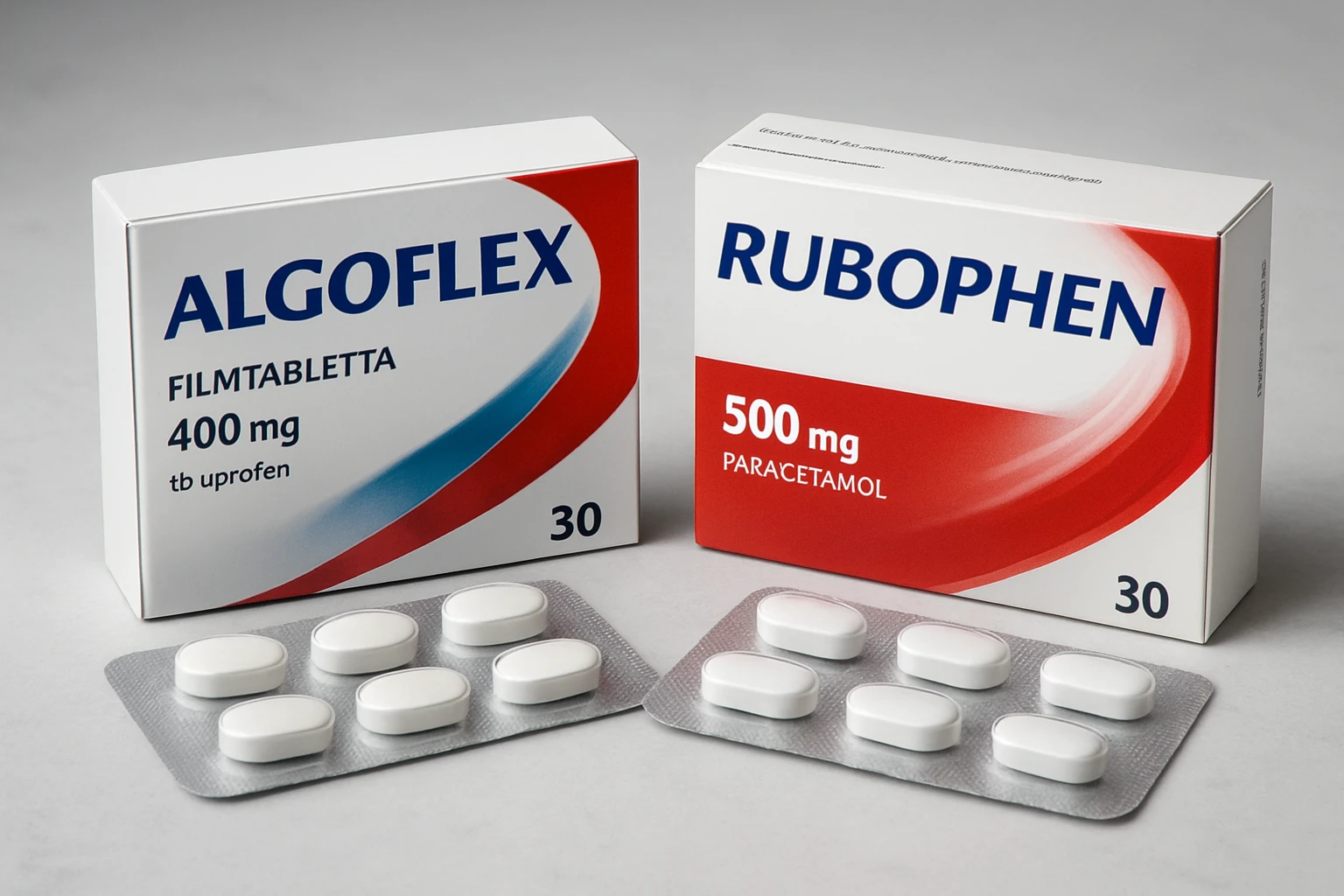 Két doboz fájdalomcsillapító gyógyszer, Algoflex és Rubophen, fehér tablettákkal.