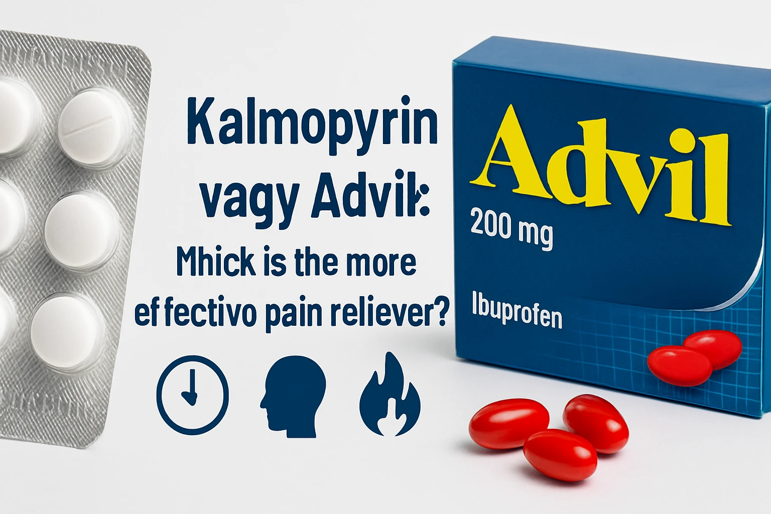 Kétféle fájdalomcsillapító: Kalmo-pyrin és Advil doboza, piros kapszulák mellett.