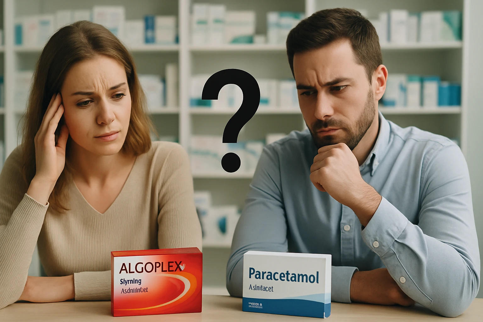 Két ember, akik fájdalomcsillapító gyógyszereket hasonlítanak össze, aggodalommal az arcukon.