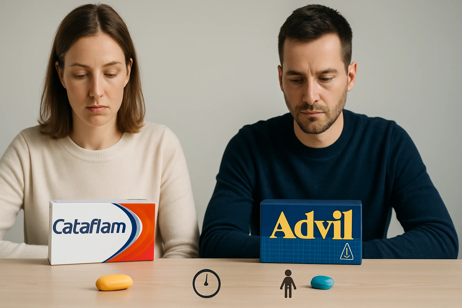 Két ember ül egy asztalnál, Cataflam és Advil dobozokkal, különböző színű tablettákkal.