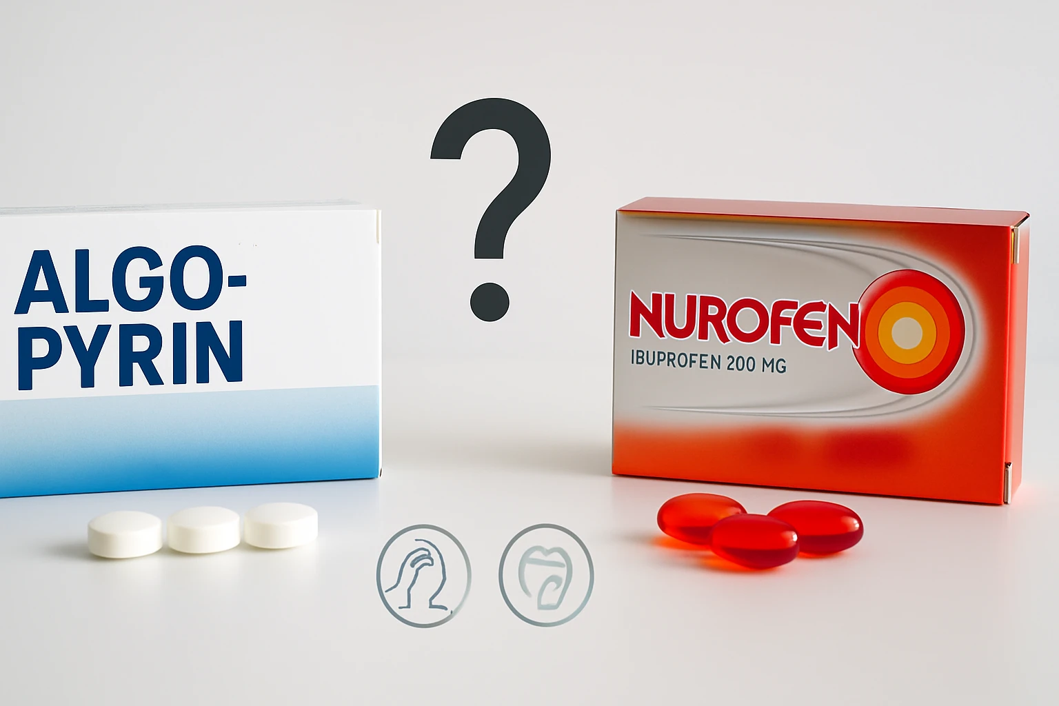 Két különböző fájdalomcsillapító doboza, fehér és piros kapszulákkal.