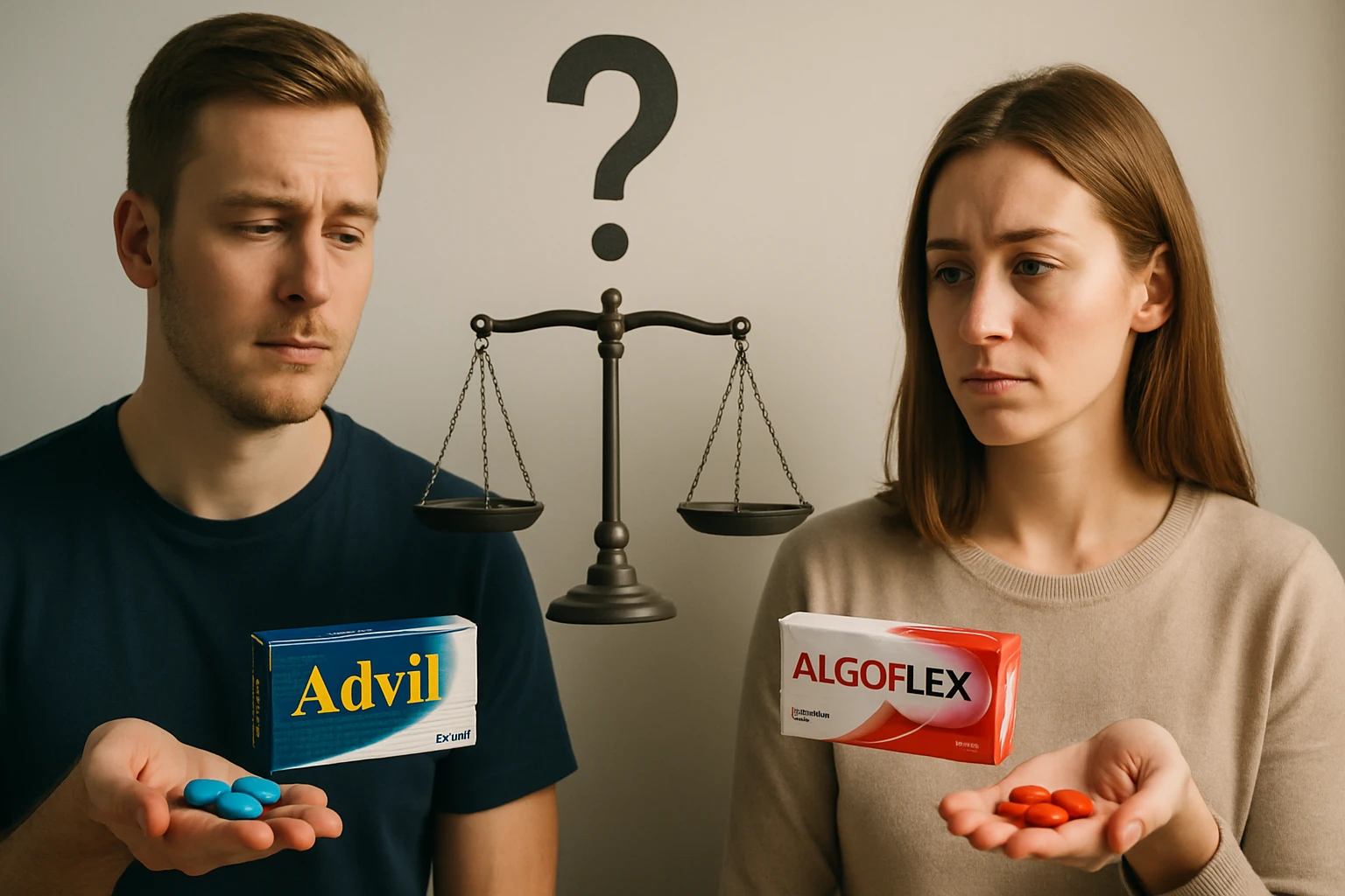 Két ember, akik fájdalomcsillapítókat tartanak a kezükben, mérleggel a háttérben.