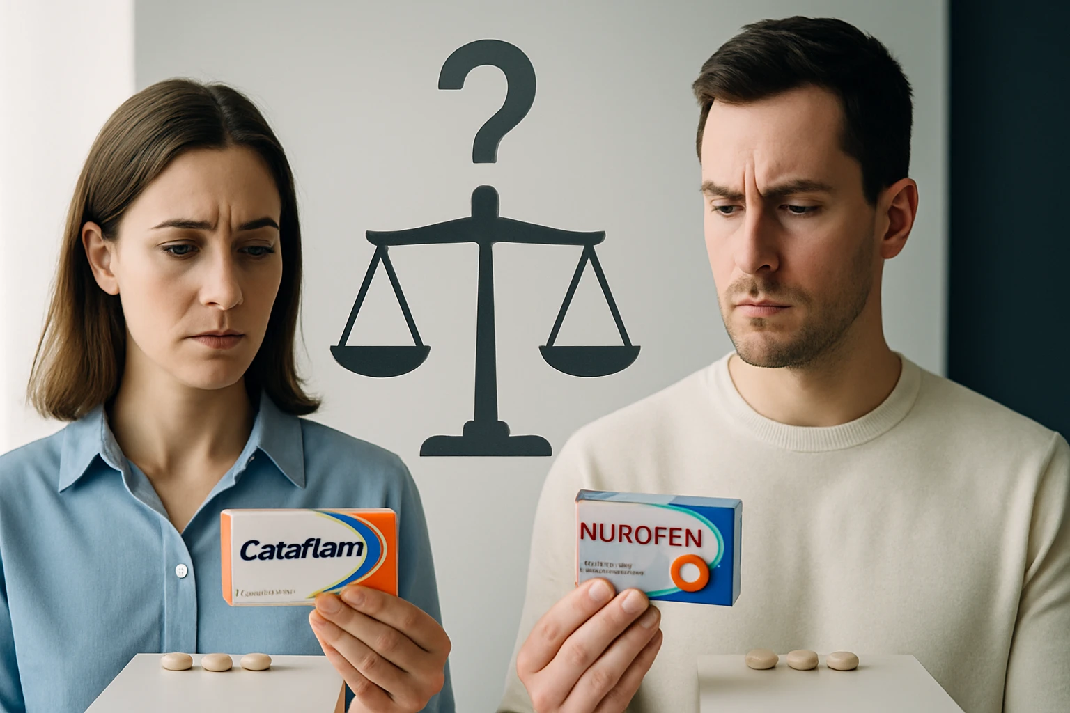 Egy férfi és egy nő különböző fájdalomcsillapító gyógyszereket tartanak a kezükben, miközben mérleggel néznek szembe.