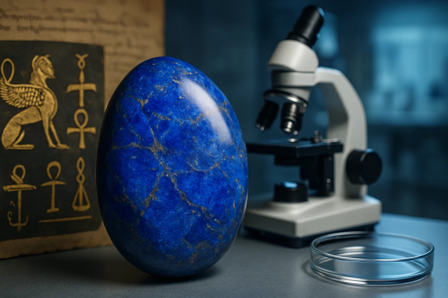 Egy kék színű, fényes tojás formájú kő, mikroszkóp mellett.